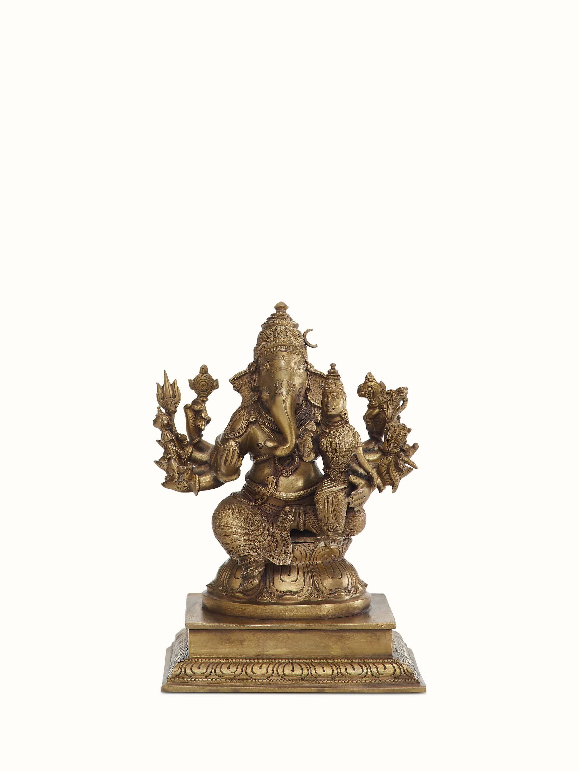 Front view of Lord Ganesha bronze casting idol showcasing detailed craftsmanship and intricate design.