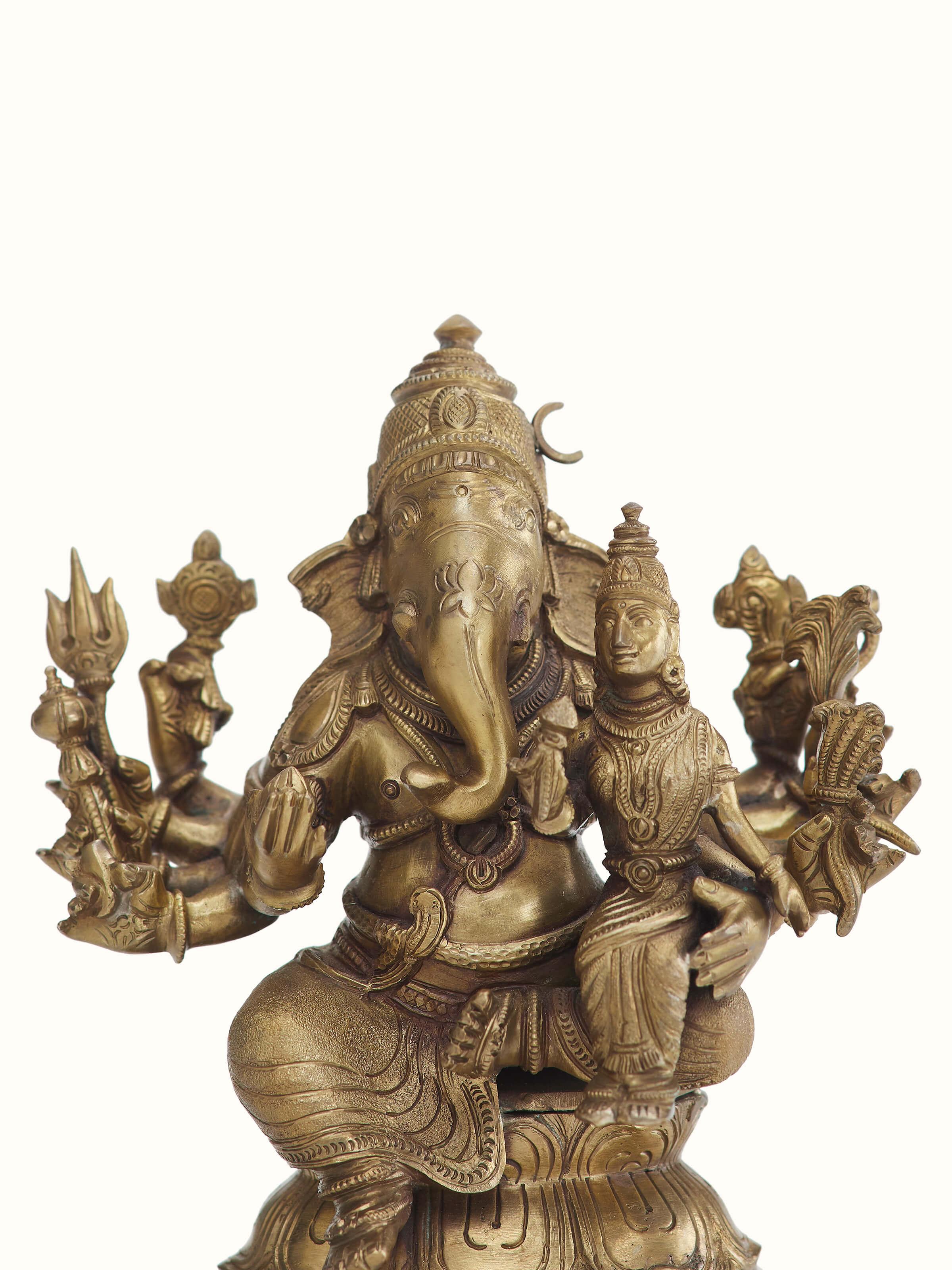 Close-up view of Lord Ganesha bronze casting idol focusing on the intricate bronze carvings and fine details.