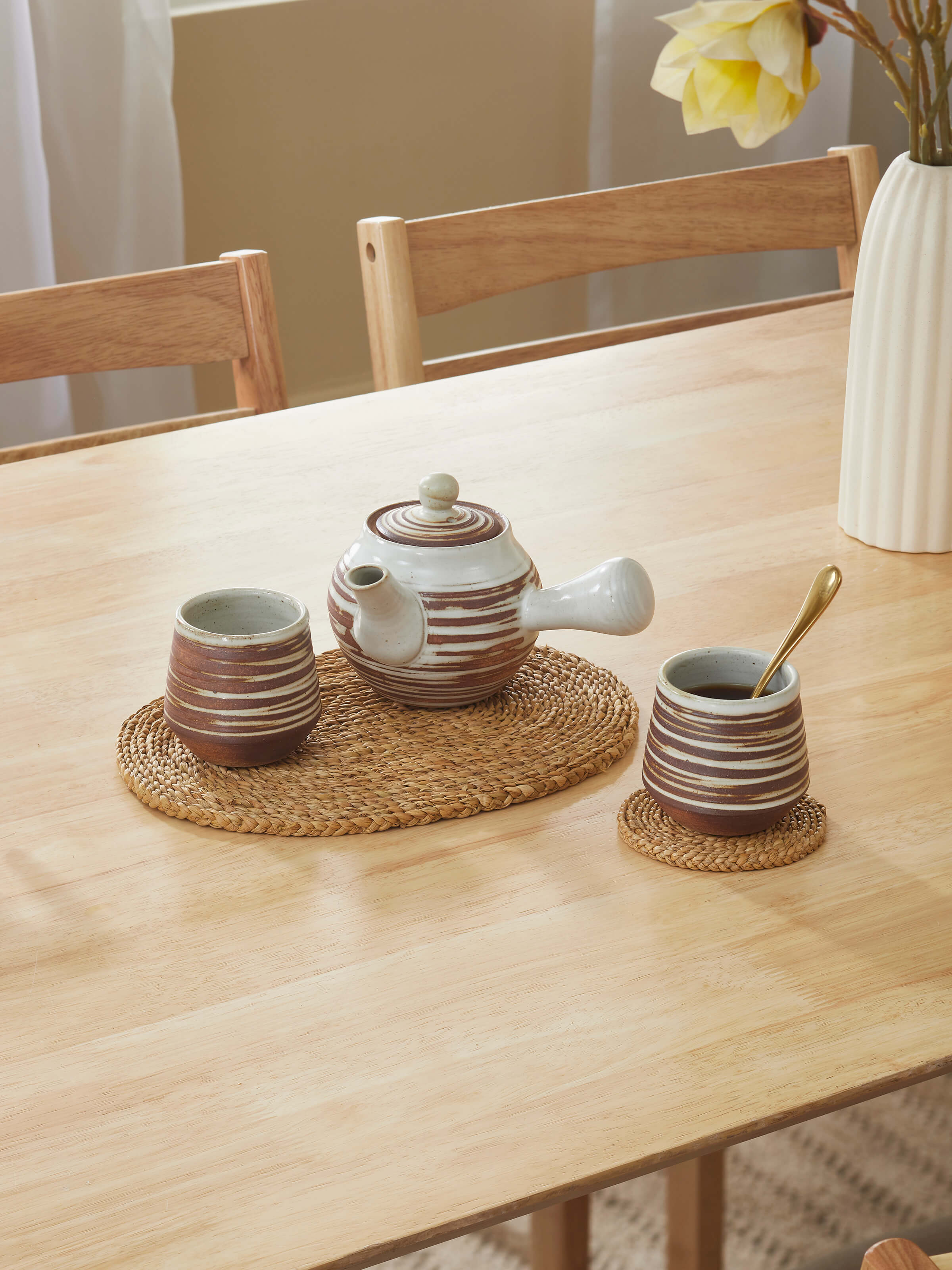 Side view of Studio pottery ceramic tea set (2 pcs) showcasing the handcrafted texture