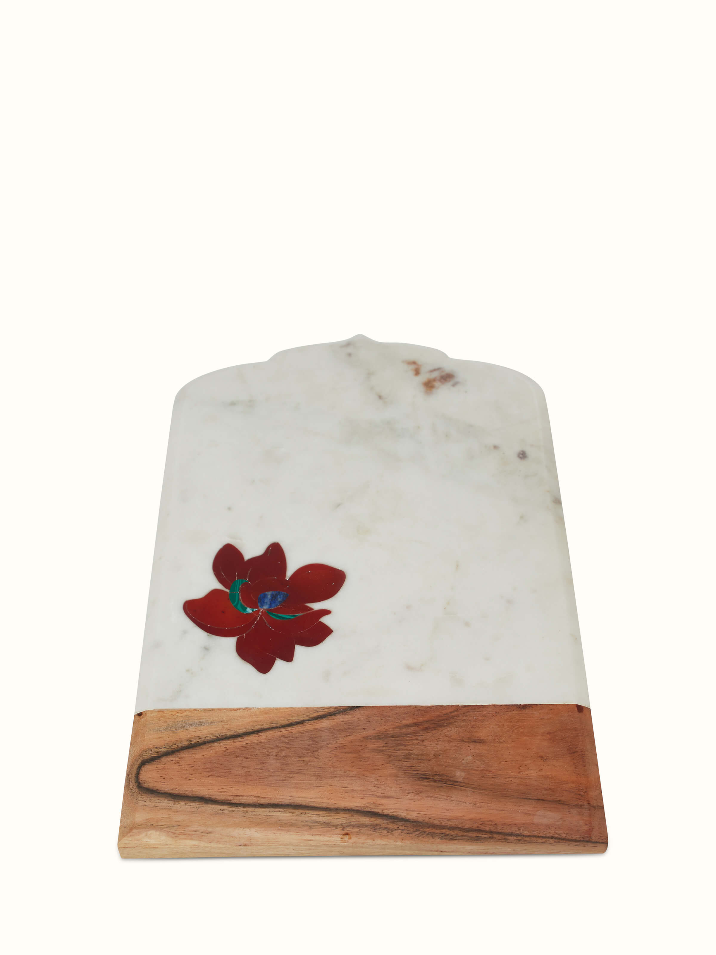 Marble and coloured stone chopping board with intricate designs, ideal for elegant kitchen use.