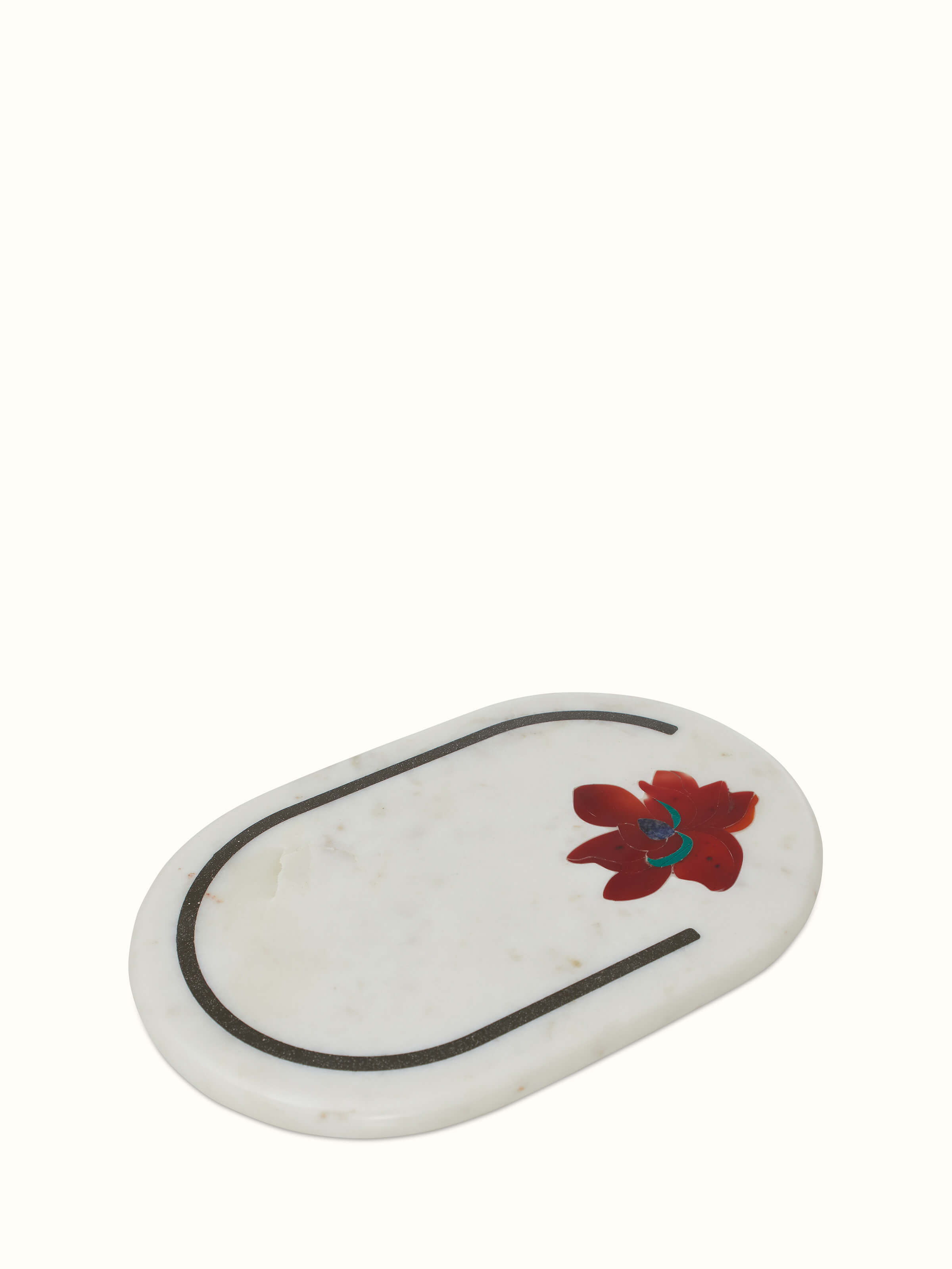 Angled view of Marble & coloured stone cheese board emphasizing the quality and craftsmanship of the stone inlay.