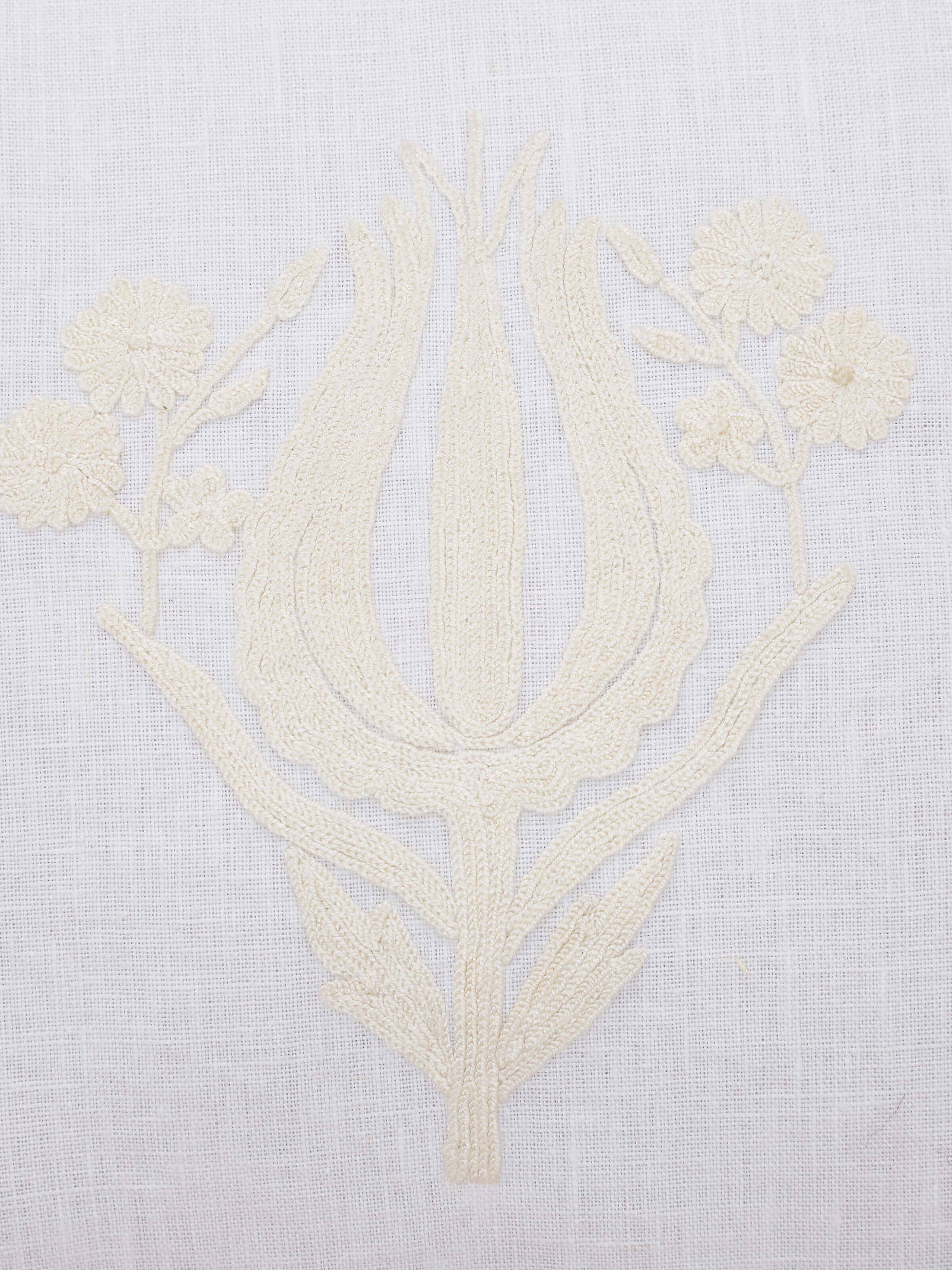 Detailed stitch view of Kashmir chain embroidery on ivory base