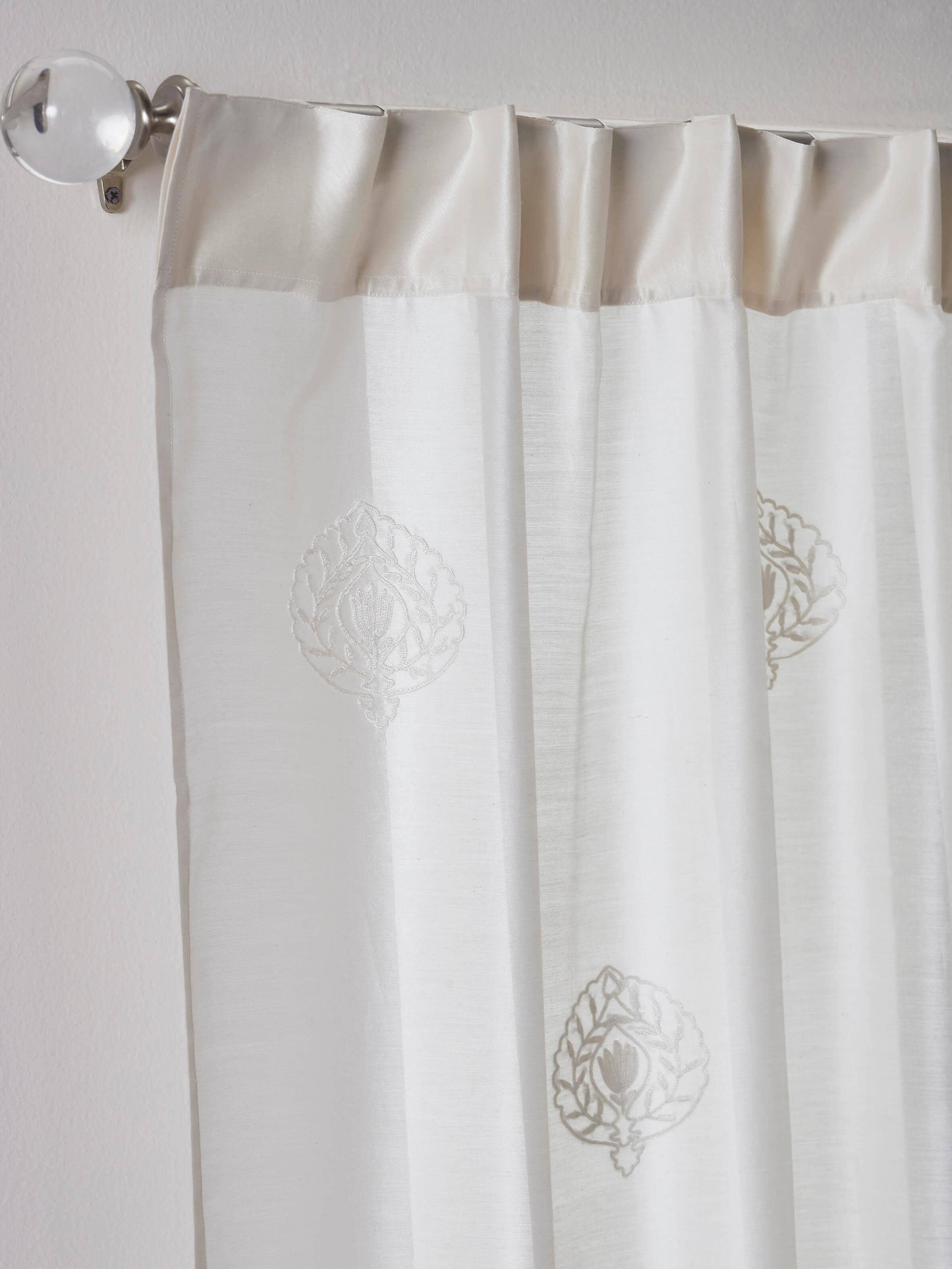 Full view of Razza ivory buti cotton silk crewel hand embroidered sheer curtain (9 ft) showcasing the delicate embroidery and sheer fabric.