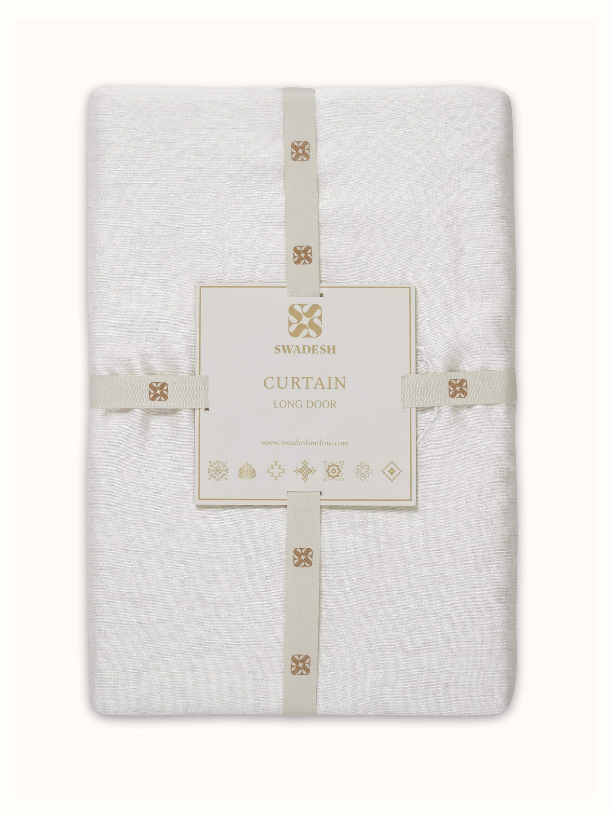 Side view of Razza ivory buti cotton silk crewel hand embroidered sheer curtain (9 ft) showing the curtain's drape and embroidery details.