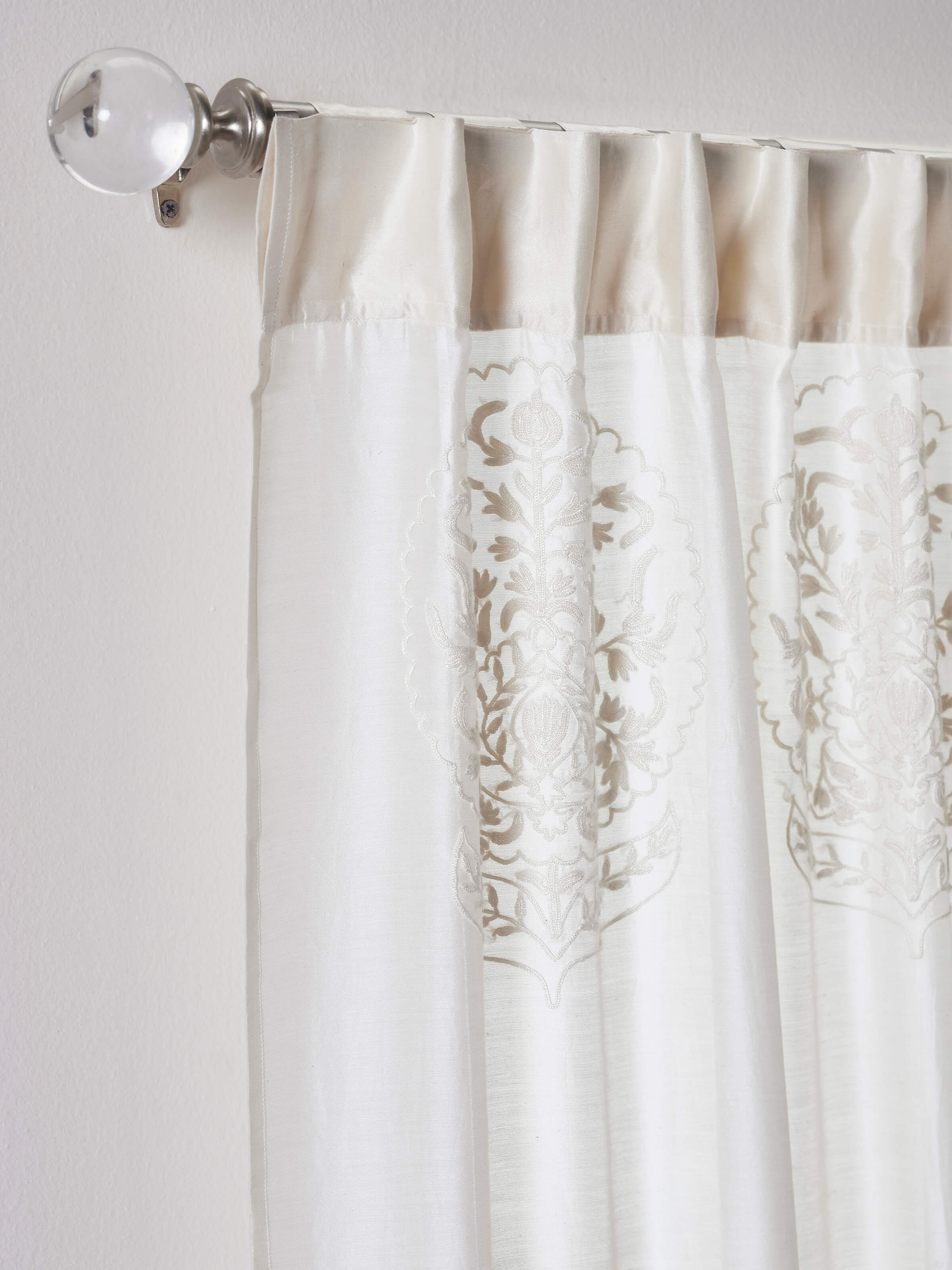 Full view of Razza ivory buta cotton silk crewel hand embroidered sheer curtain (9 ft) showing the overall design and embroidery