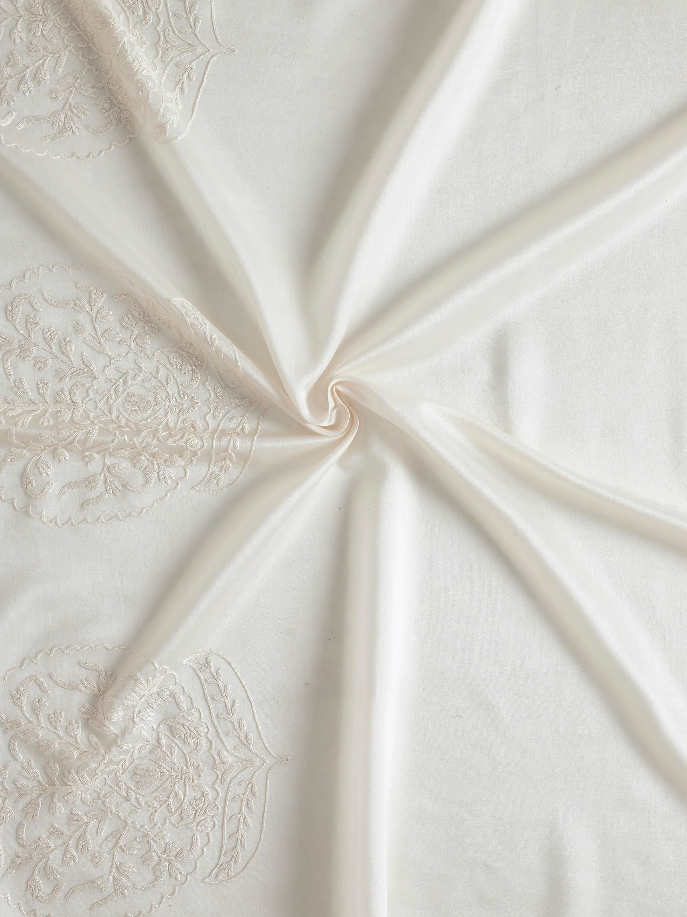 Detailed view of Razza ivory buta cotton silk crewel hand embroidered sheer curtain (9 ft) focusing on the embroidery patterns