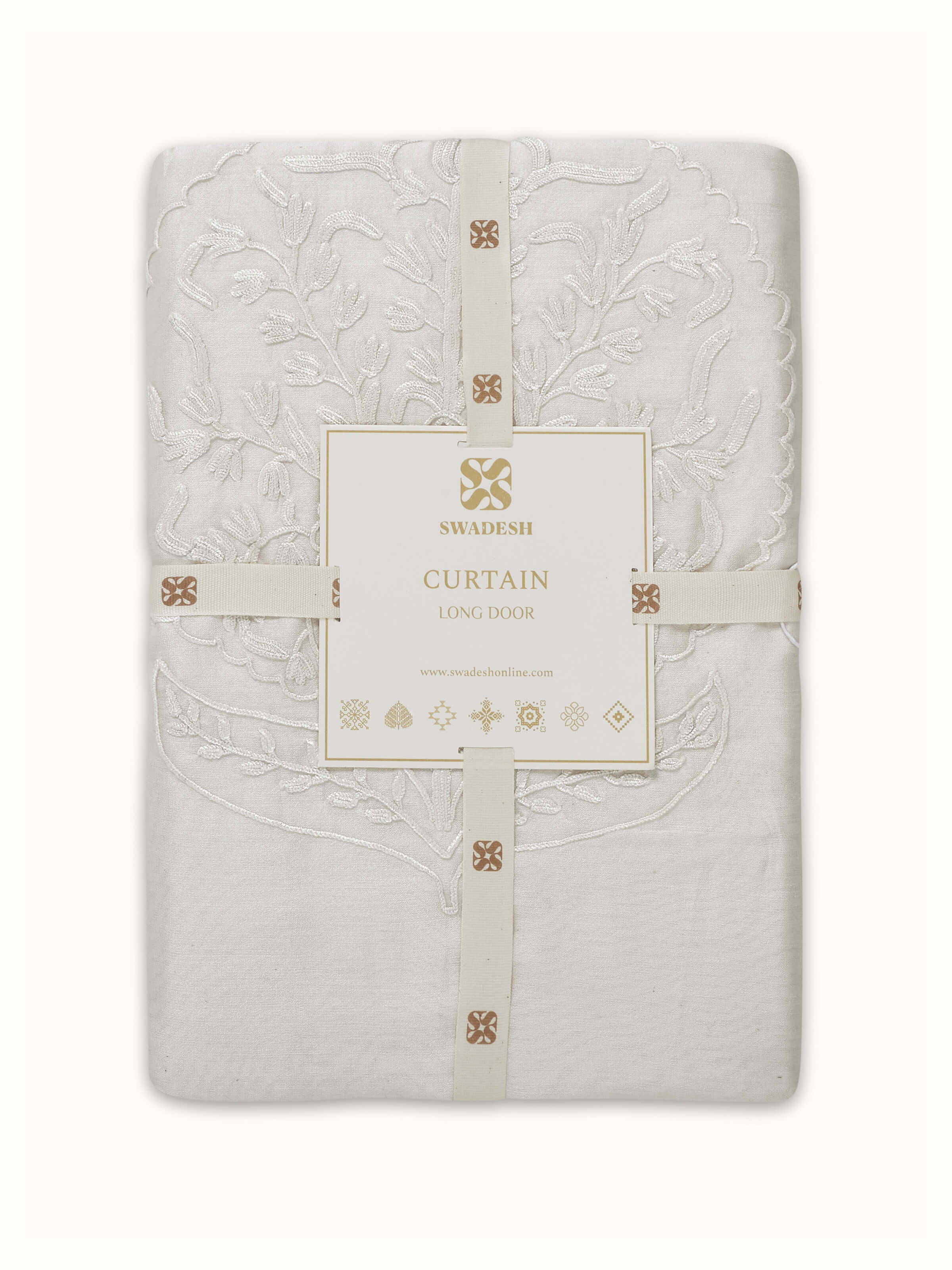 Close-up of Razza ivory buta cotton silk crewel hand embroidered sheer curtain (9 ft) emphasizing the fabric and embroidery