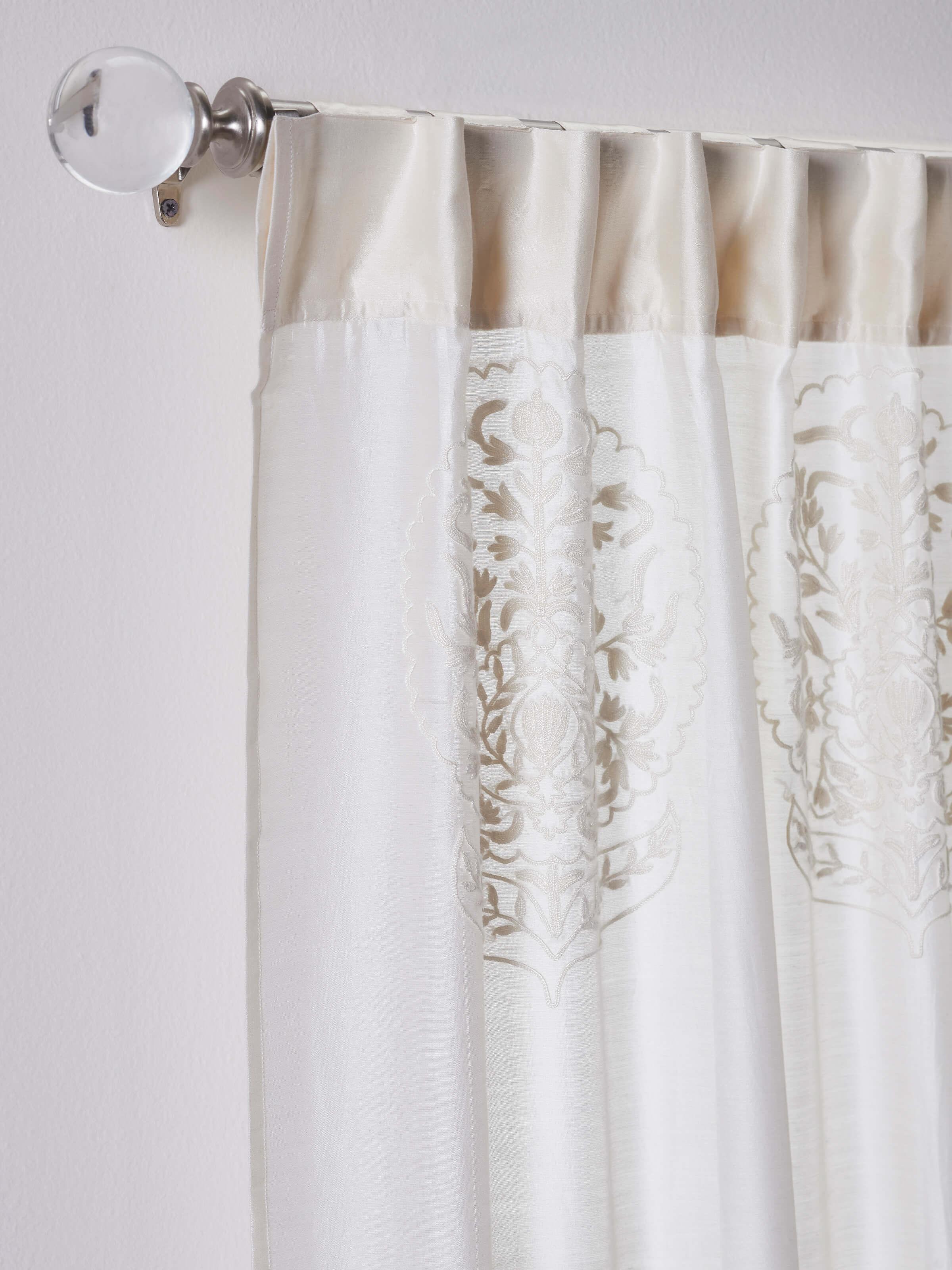 Full view of Razza Ivory Buta Cotton Silk Sheer Curtain, highlighting Kashmir chain stitch embroidery and light-filtering fabric.