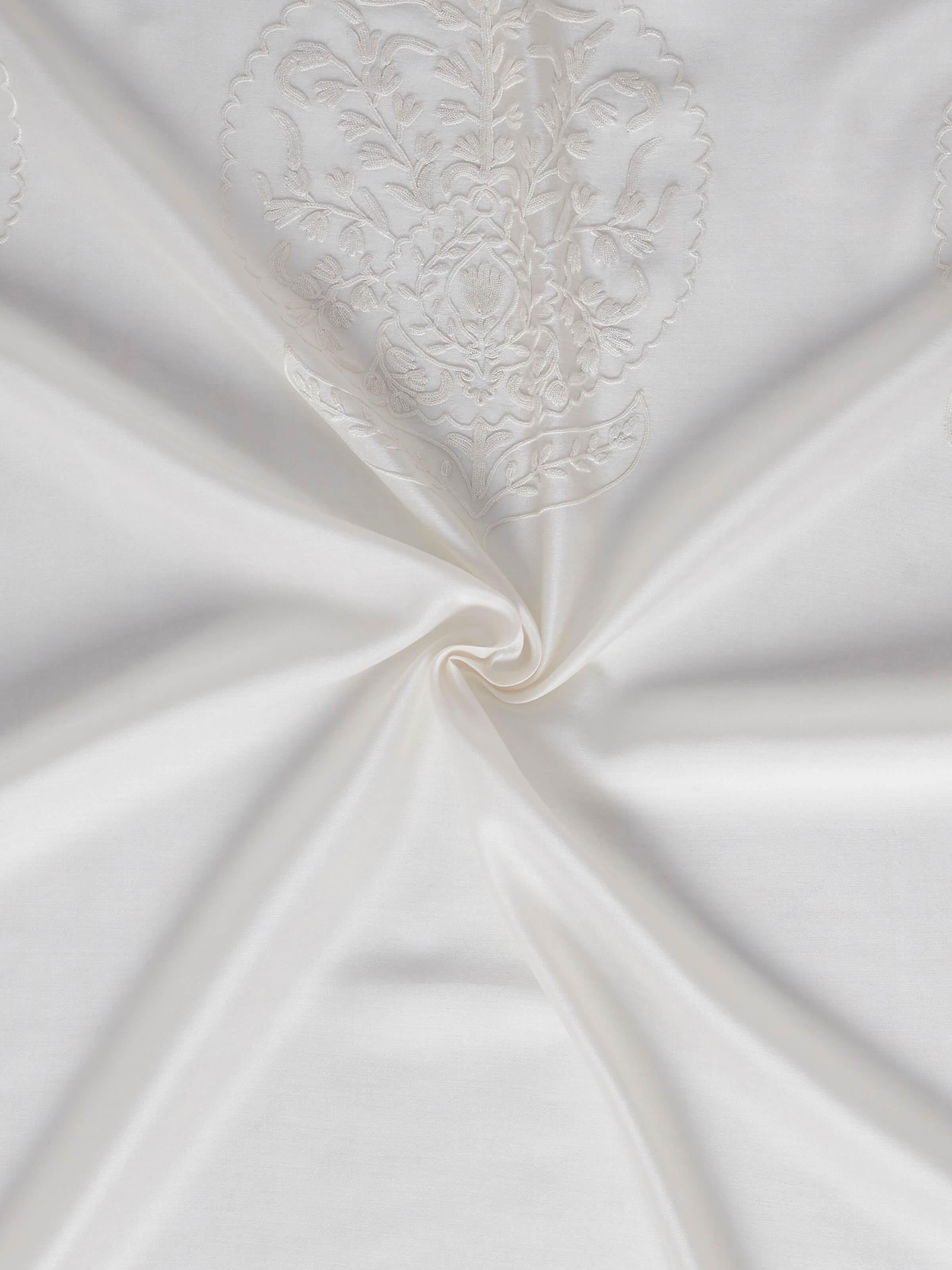 Detail shot of Razza Ivory Buta Curtain, showcasing delicate chain stitch buta patterns on cotton-silk blend.