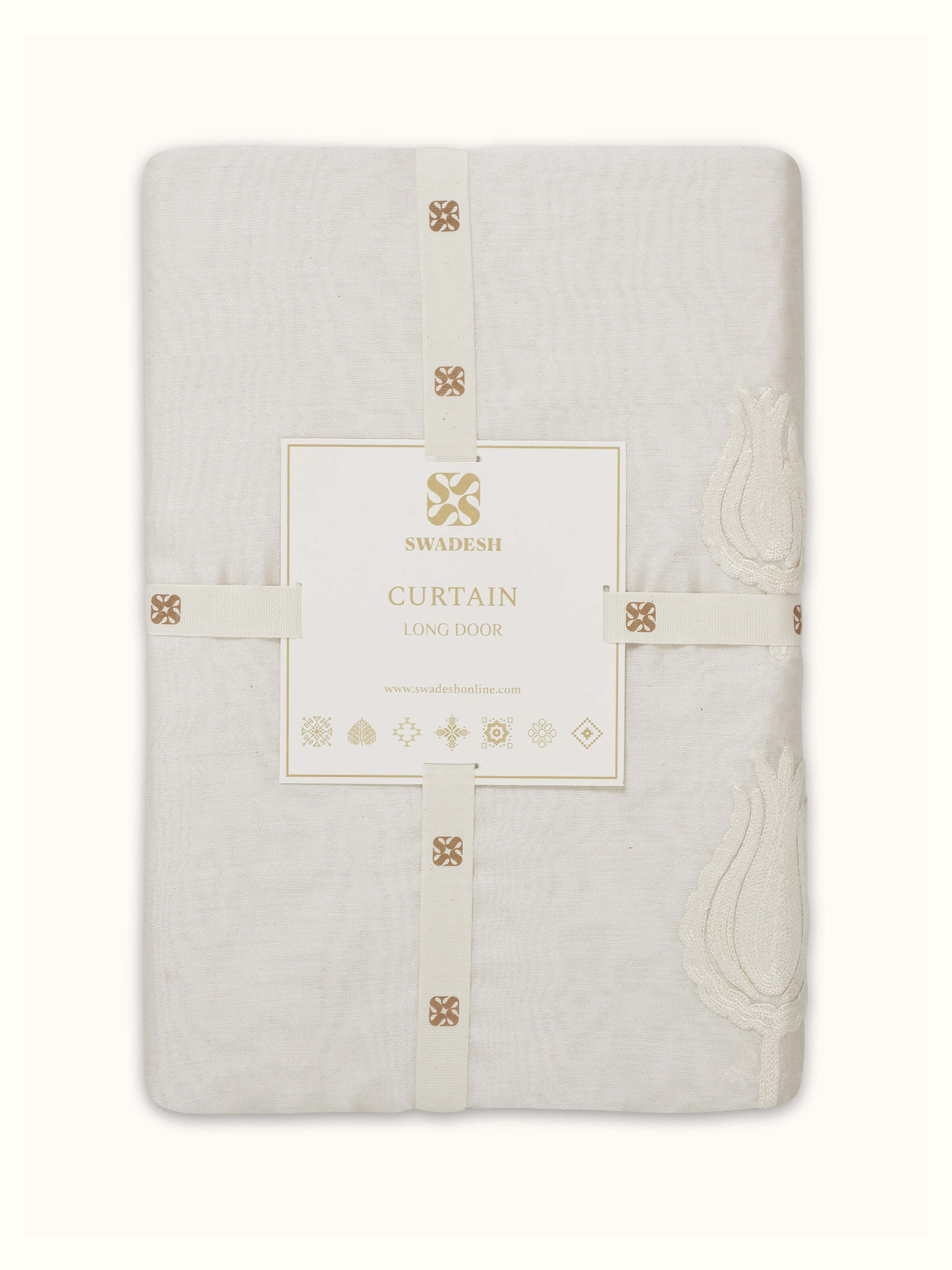 Close-up of Razza ivory tulip buti cotton silk crewel hand embroidered sheer curtain highlighting the crewel embroidery and sheer texture.