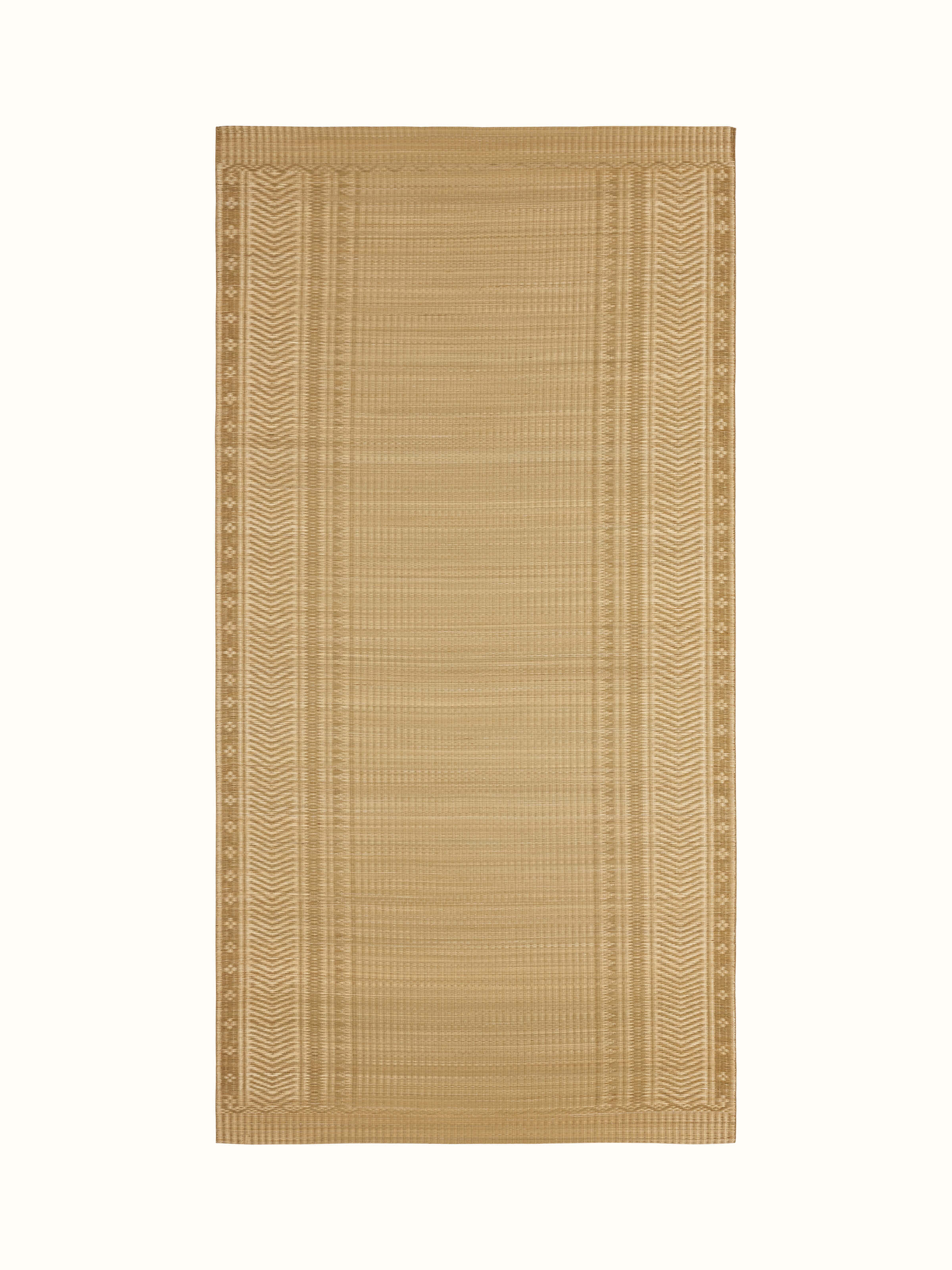 Front view of Folk geo beige West Bengal madurkathi natural fibre mat showcasing its neutral color and texture.