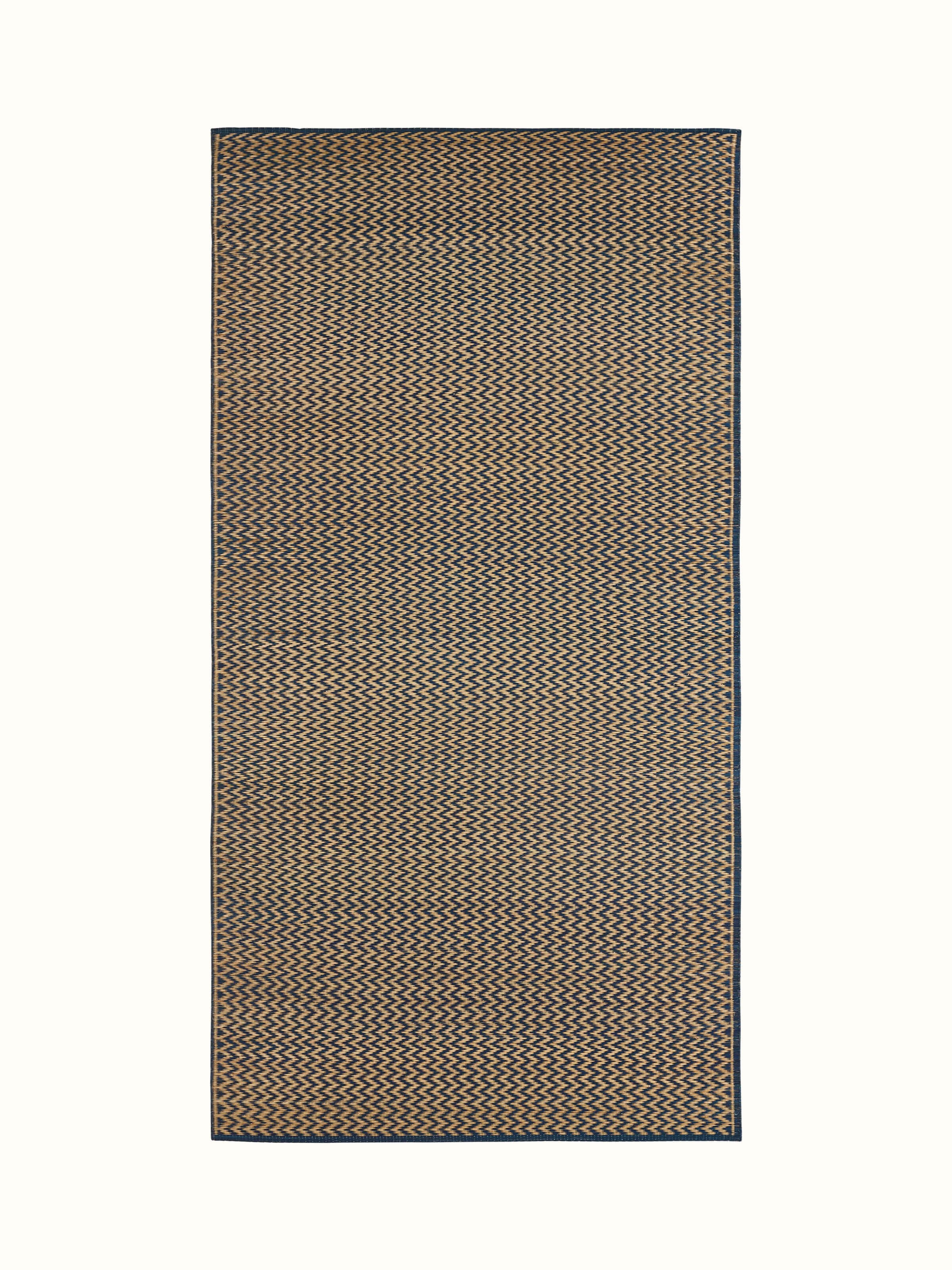 Front view of Folk geo dark turquoise West Bengal madurkathi natural fibre mat showcasing its vibrant color and texture.