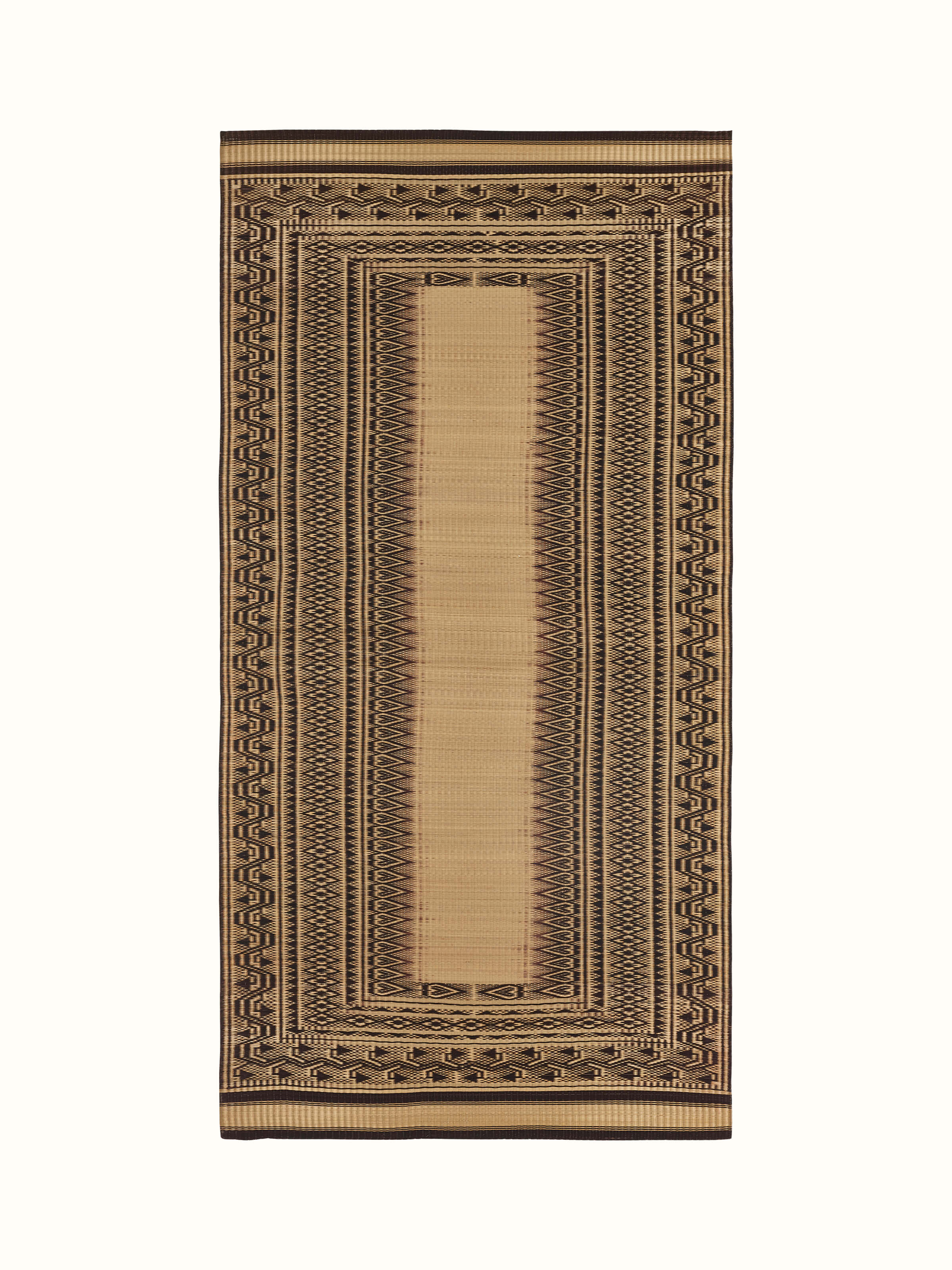 Front view of Folk Geo Black West Bengal Madurkathi Natural Fibre Mat displaying geometric patterns and natural fibers.