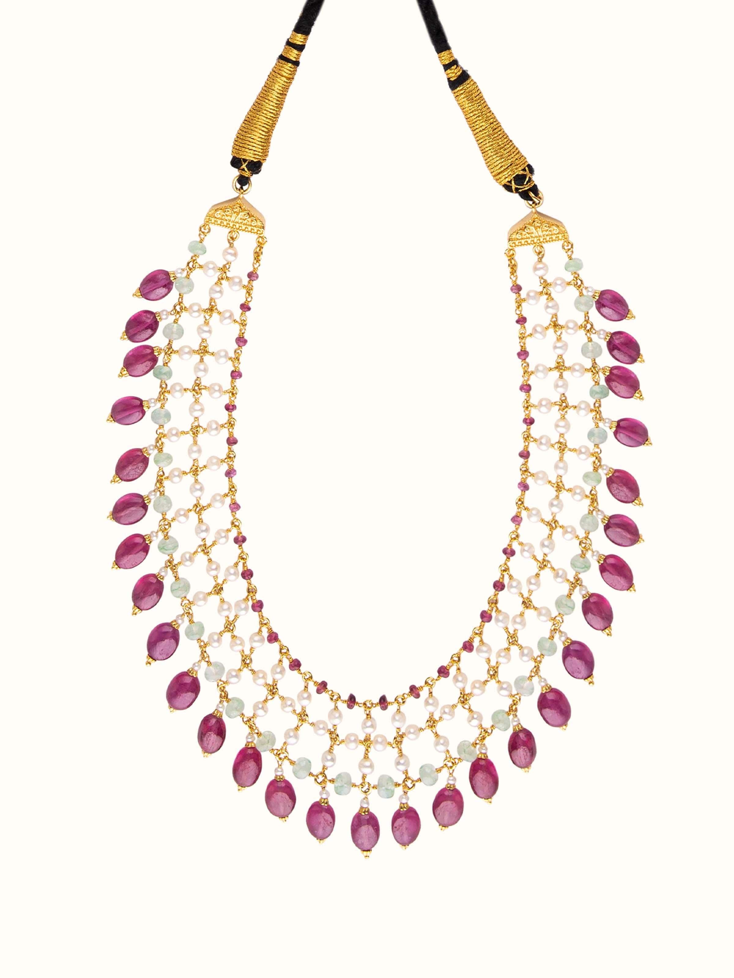 Front view of Gemstone Strings Silver Collar Necklace featuring detailed gemstone arrangement.