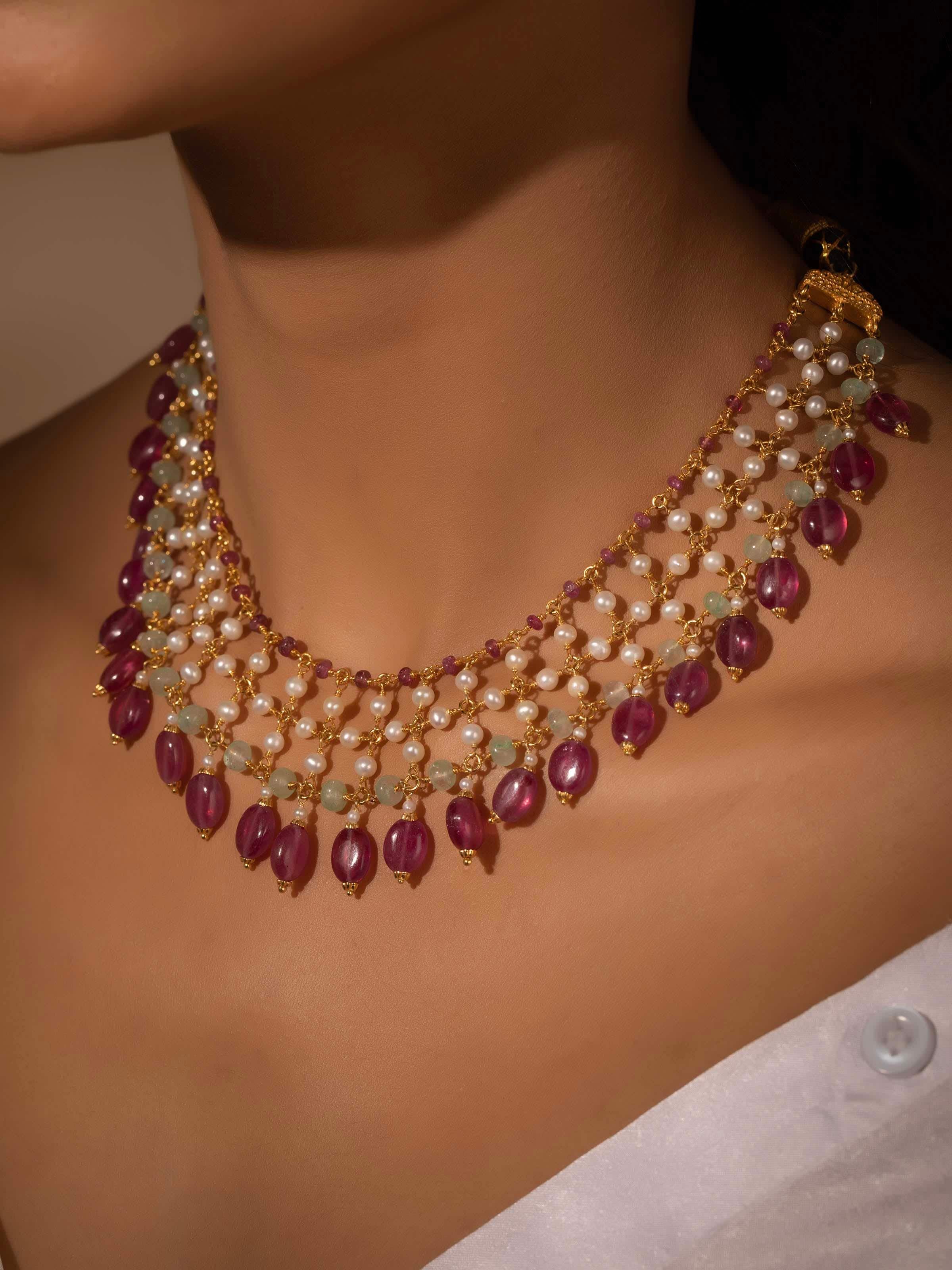 Close-up of Gemstone Strings Silver Collar Necklace highlighting the intricate gemstone design.
