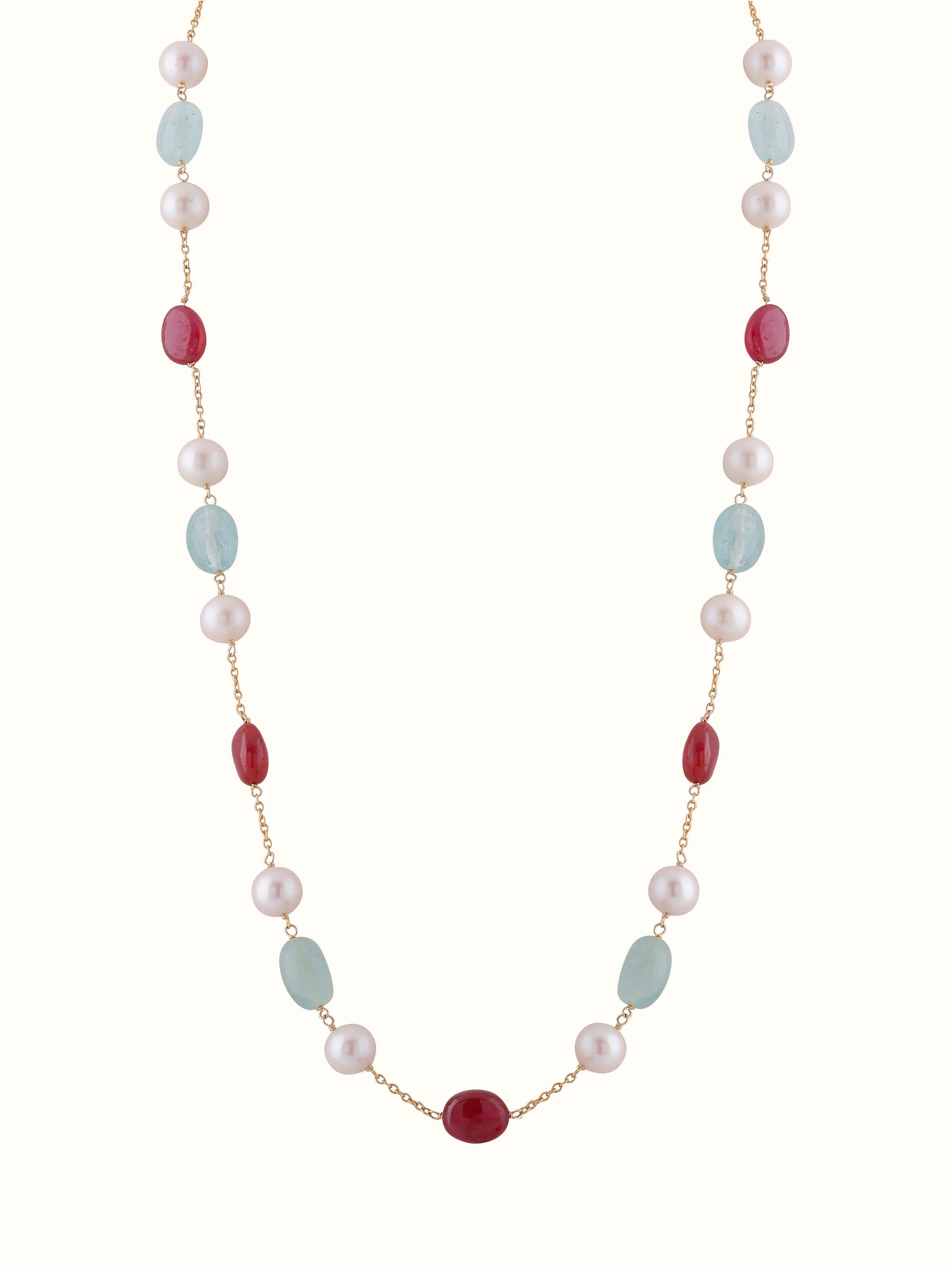 Front view of Gemstone Strings Silver Long Necklace showcasing colorful gemstones and elegant silver design by Swadesh