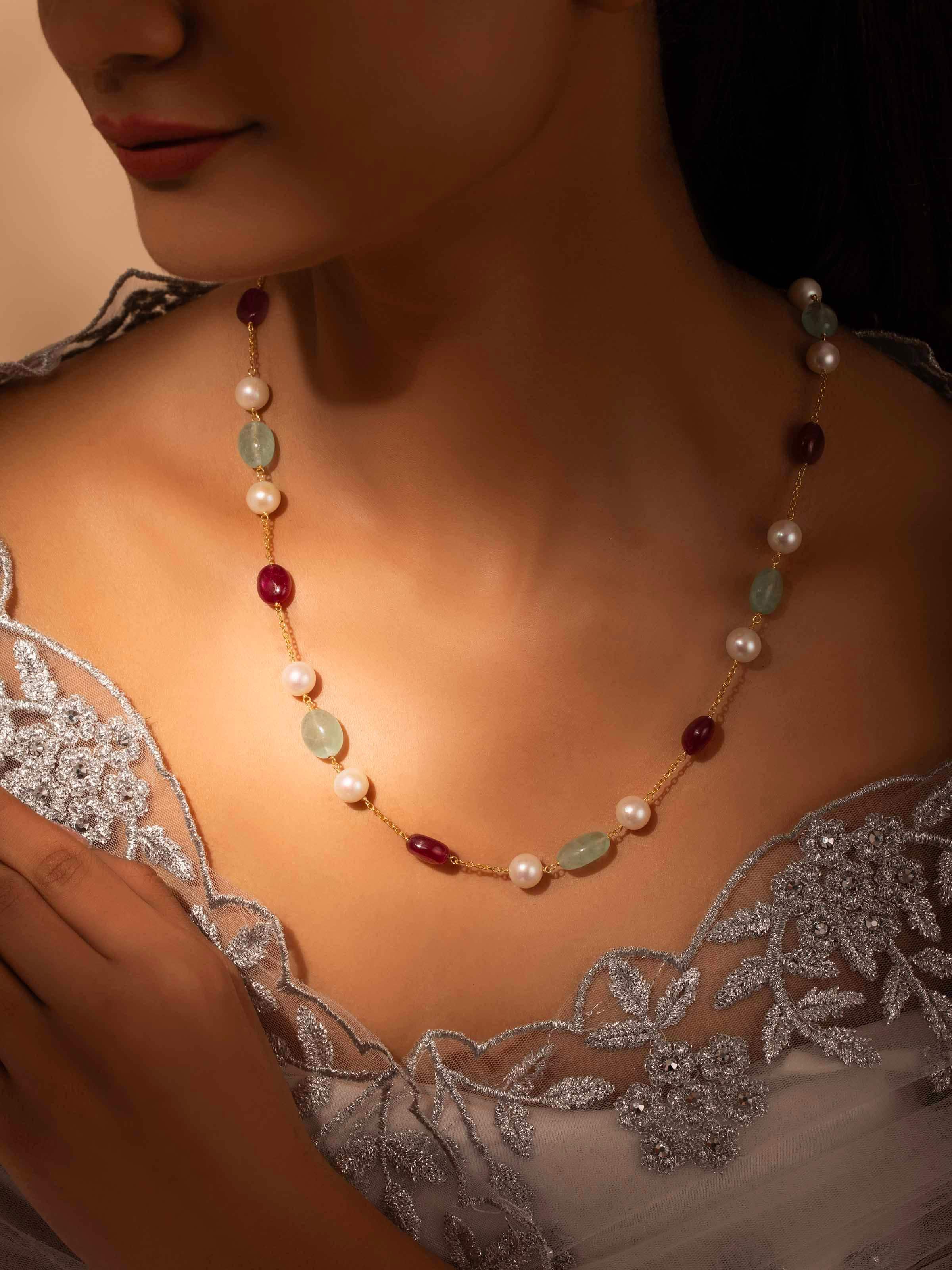 Angled view of Gemstone Strings Silver Long Necklace showcasing detailed gemstone arrangement and elegant design by Swadesh