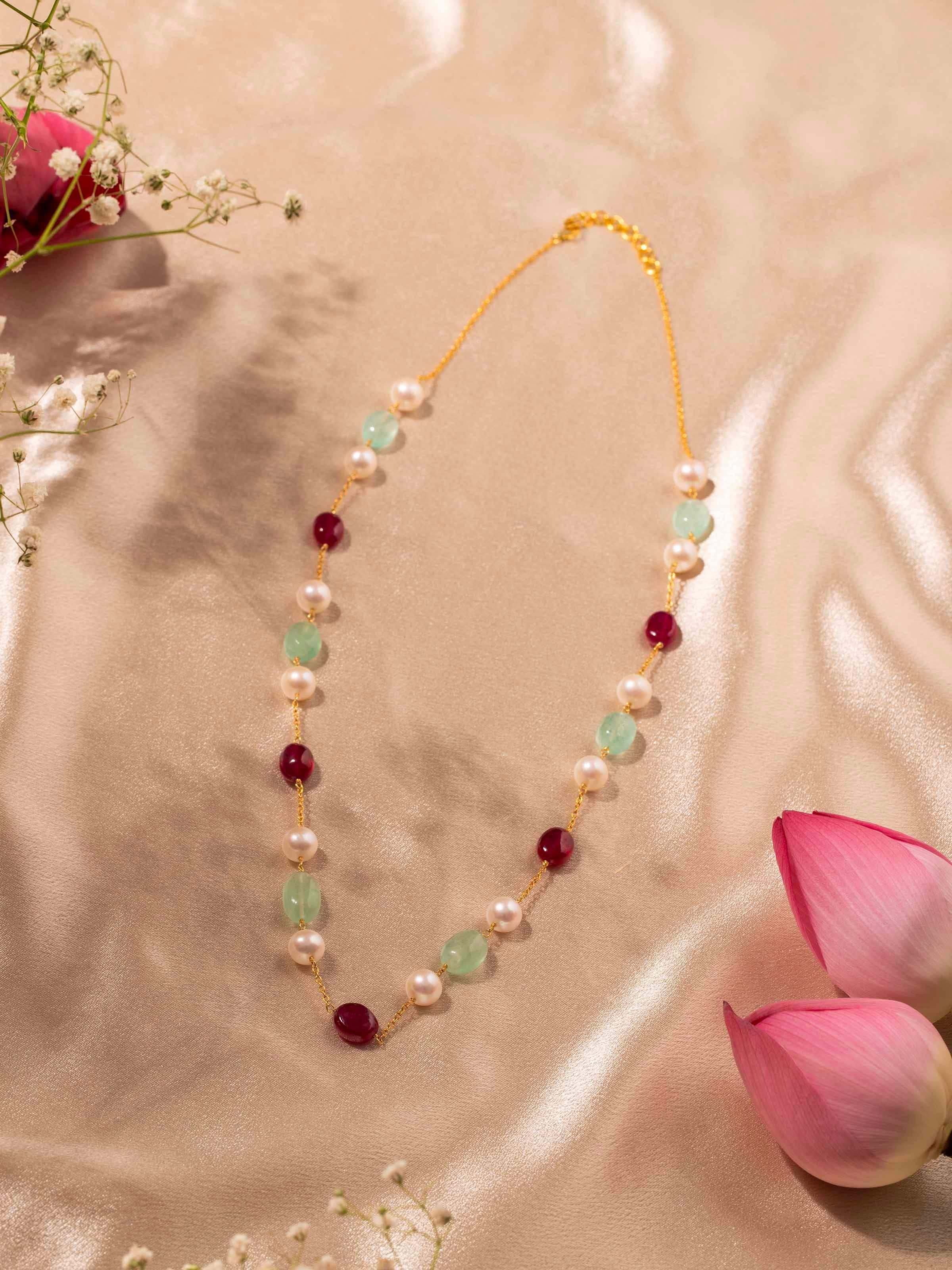 Close-up view of Gemstone Strings Silver Long Necklace emphasizing intricate gemstone details and fine silverwork by Swadesh