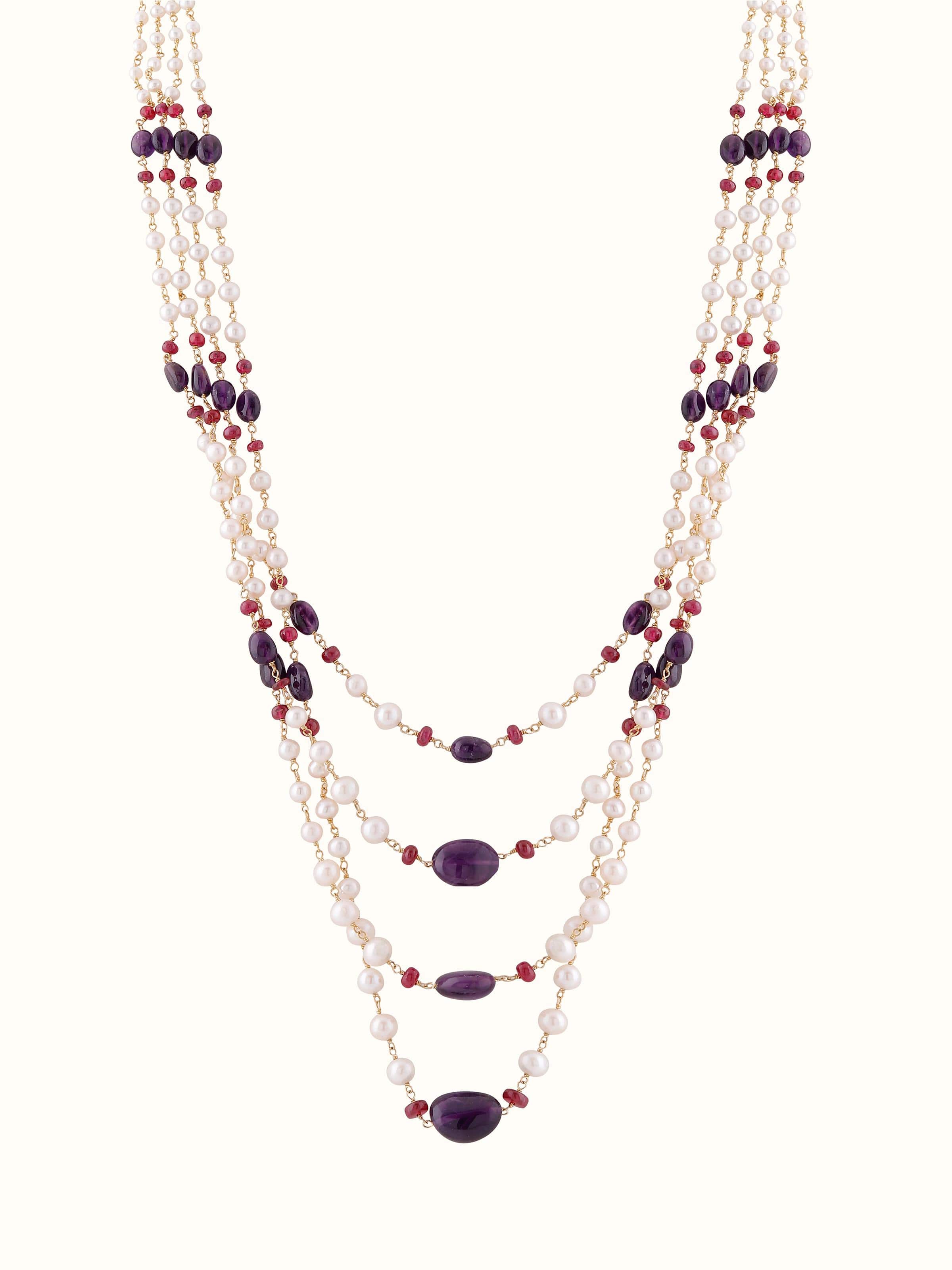 Front view of Gemstone Strings Silver Long Necklace showcasing vibrant gemstones and elegant silver design by Swadesh
