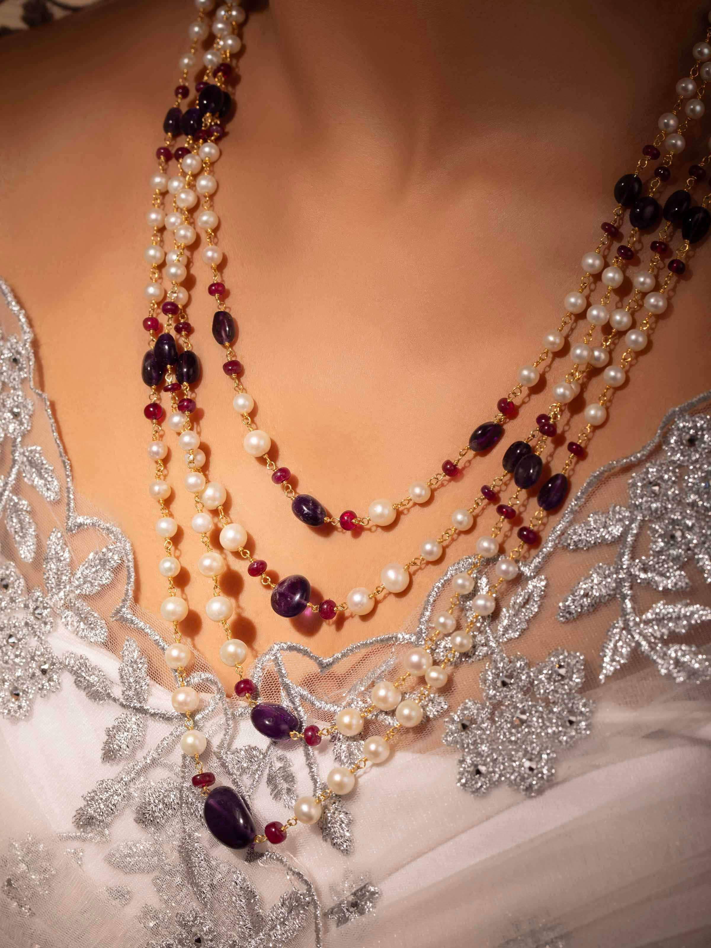 Side view of Gemstone Strings Silver Long Necklace highlighting detailed gemstone arrangement by Swadesh