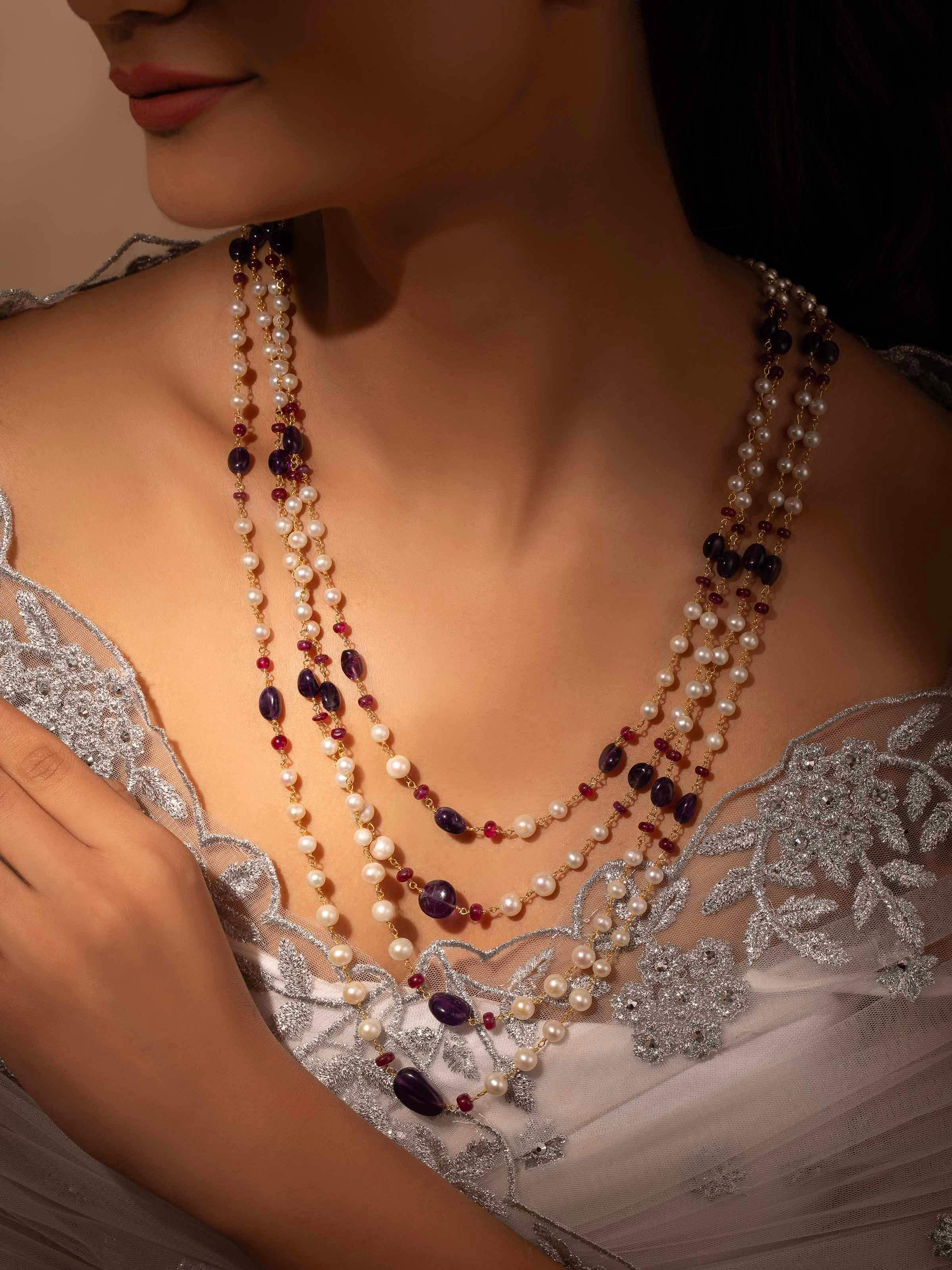 Angled view of Gemstone Strings Silver Long Necklace emphasizing elegant gemstone pattern by Swadesh