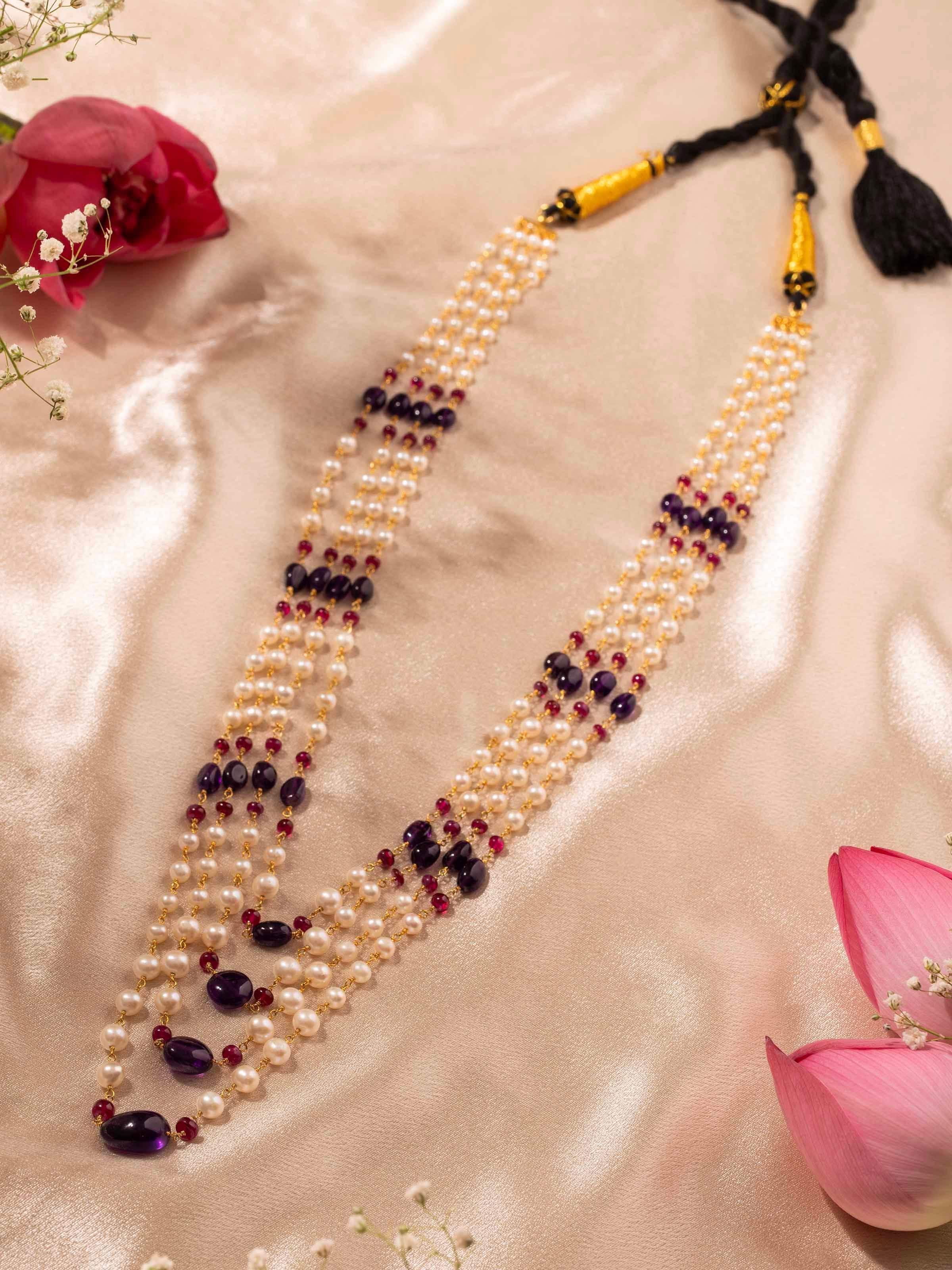 Detailed close-up of Gemstone Strings Silver Long Necklace featuring intricate gemstone details by Swadesh