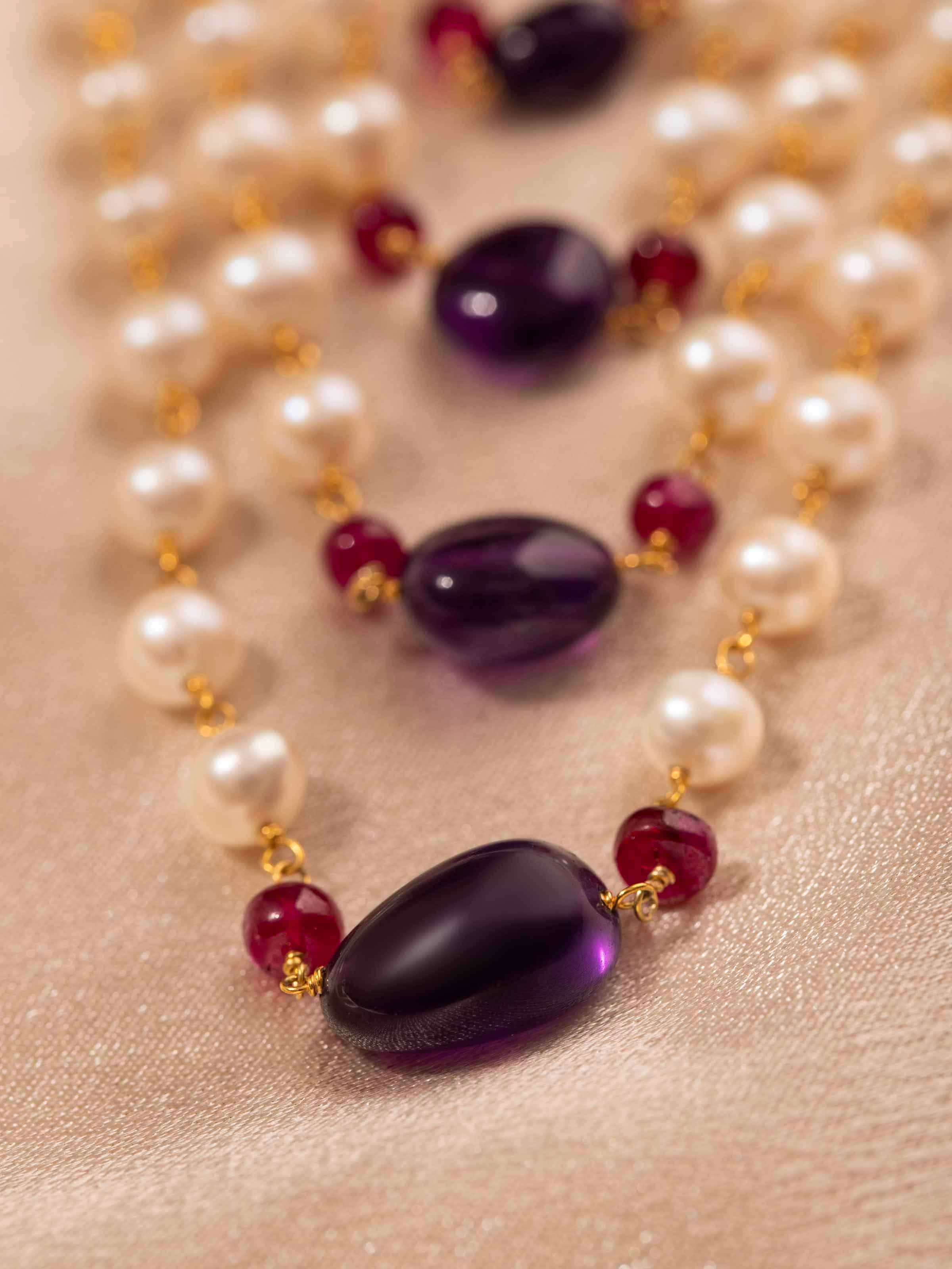 Back view of Gemstone Strings Silver Long Necklace showcasing the refined design and craftsmanship by Swadesh