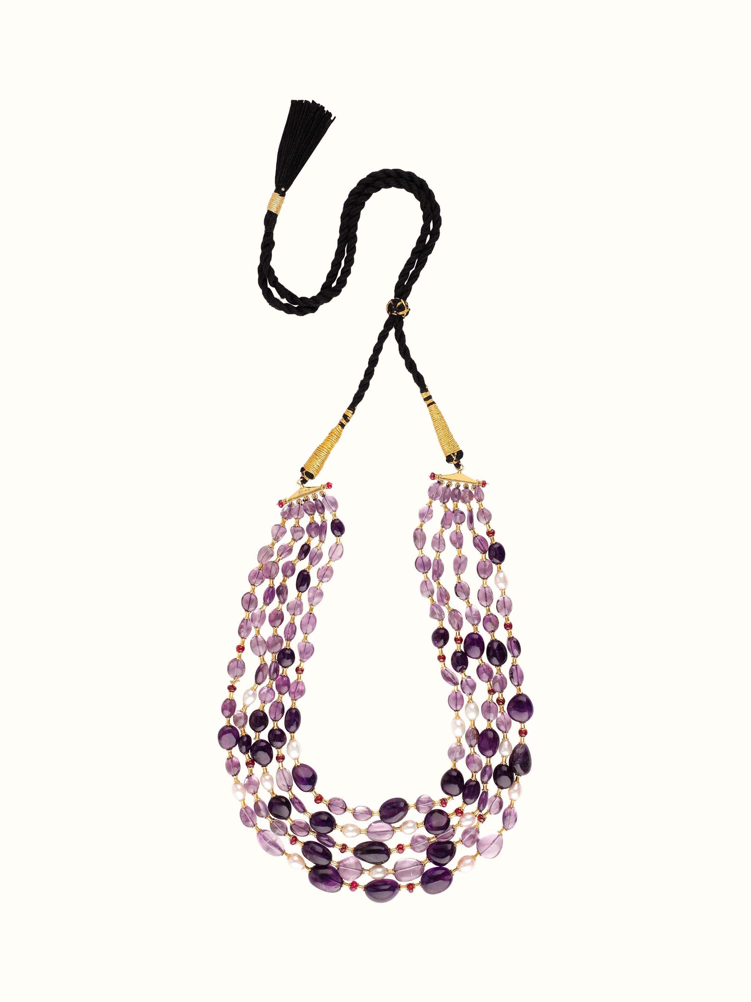 Front view of Gemstone Strings Silver Long Necklace showcasing colorful gemstones and silver.