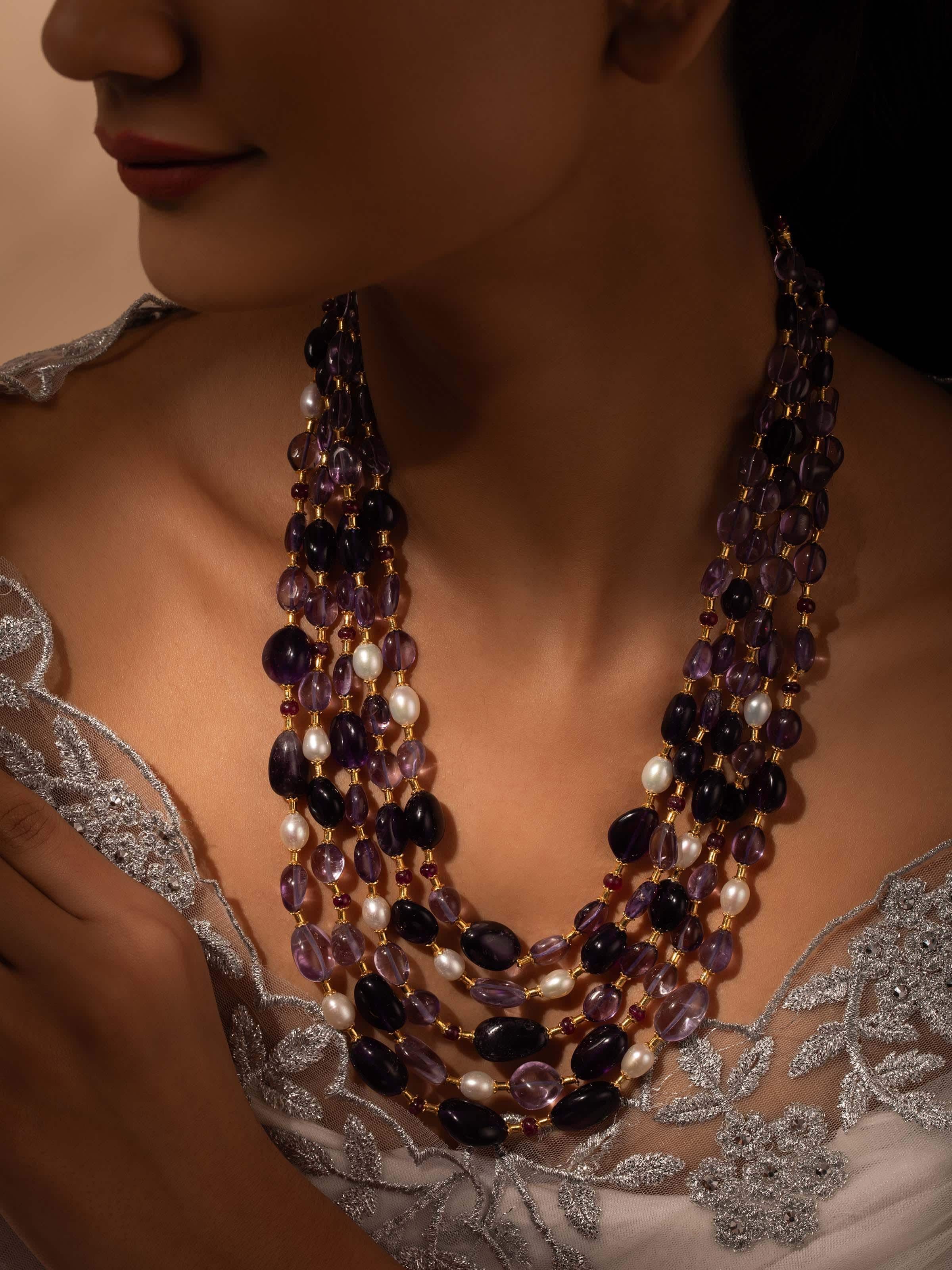 Close-up view of Gemstone Strings Silver Long Necklace showcasing fine craftsmanship and gems.