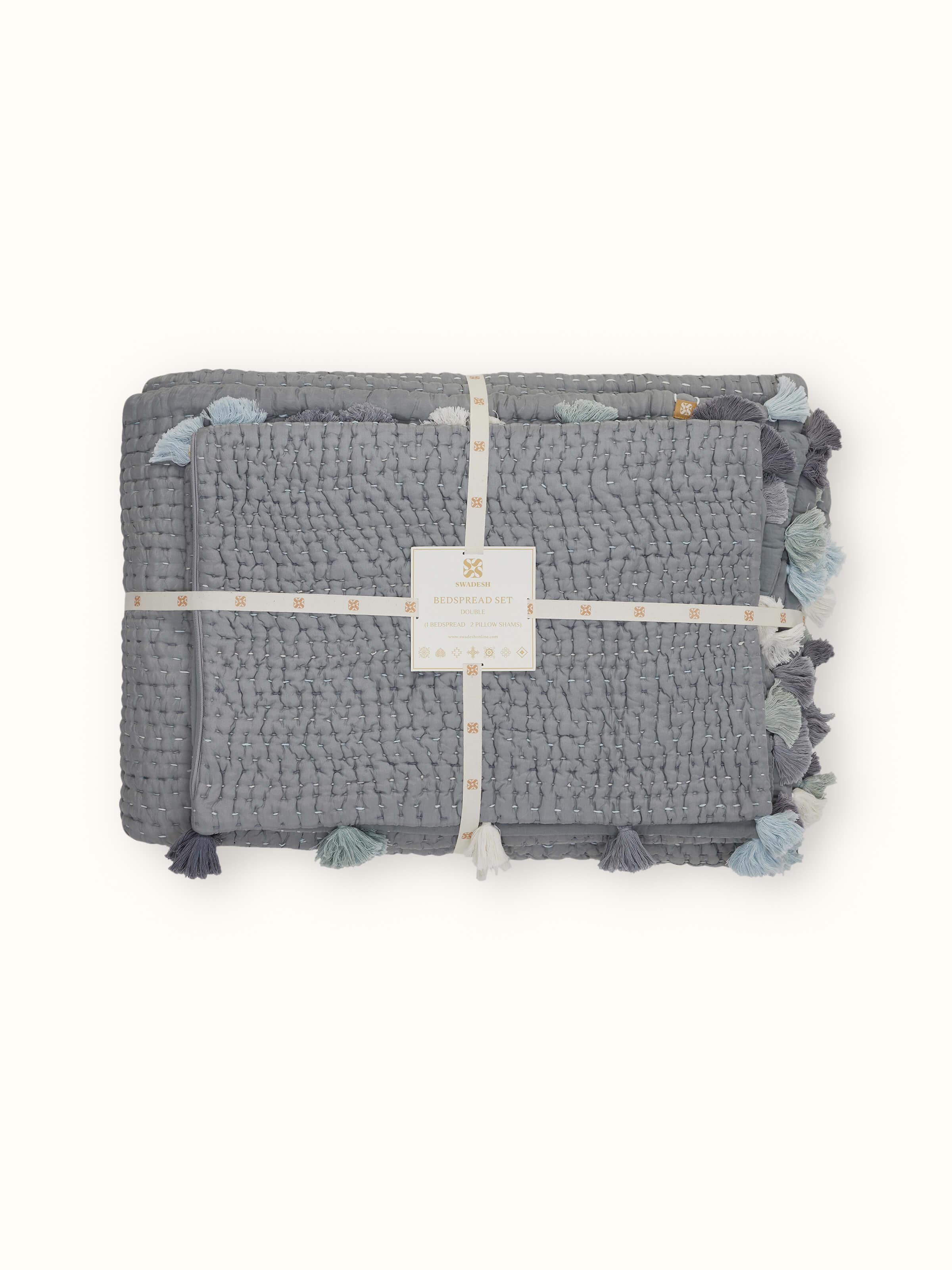 Detailed view of dark grey textured silk razai embroidered double bedspread set, highlighting the craftsmanship and design elegance.