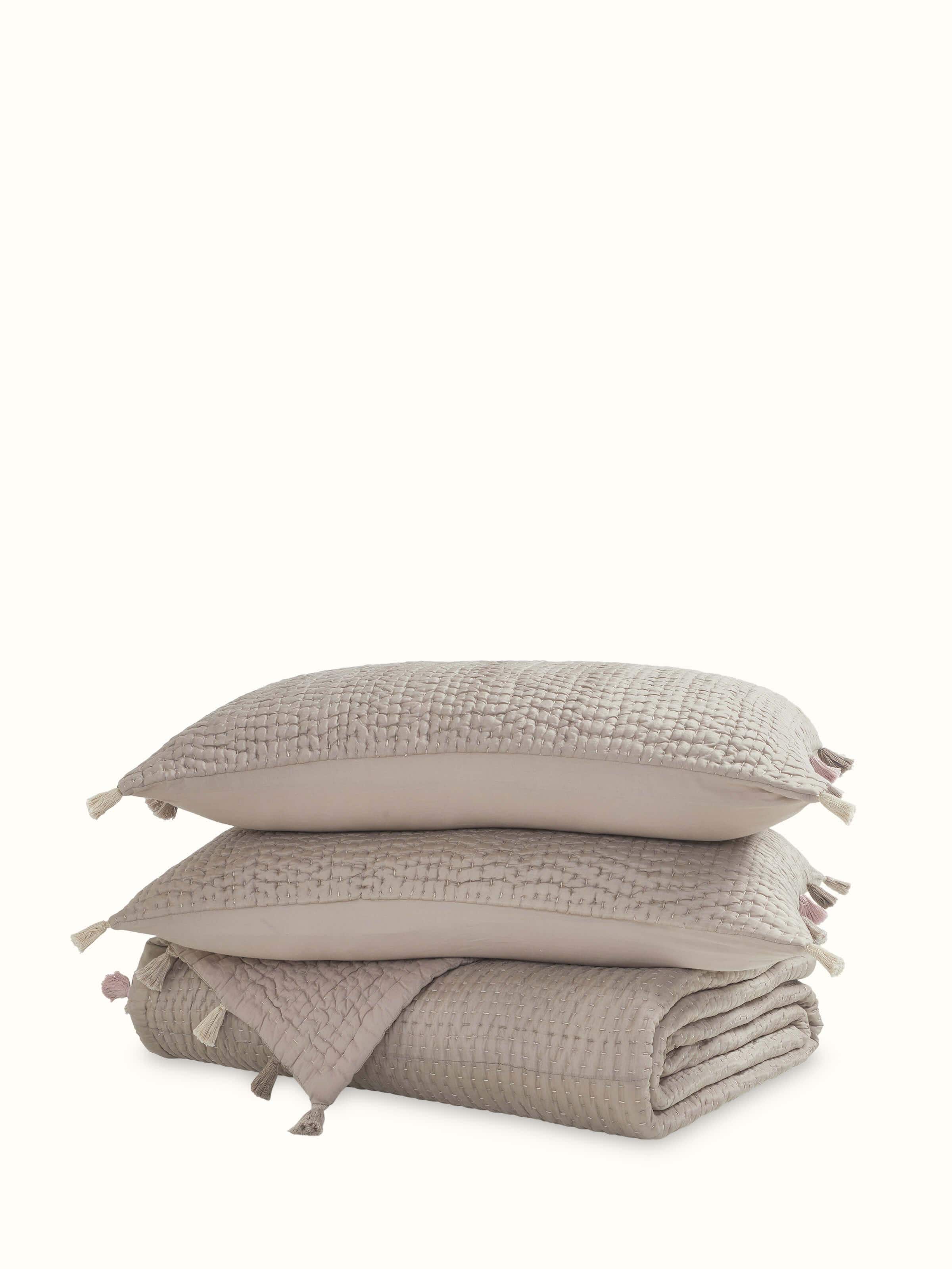 Full view of brown textured silk razai embroidered double bedspread set, showcasing the intricate embroidery and luxurious silk texture.