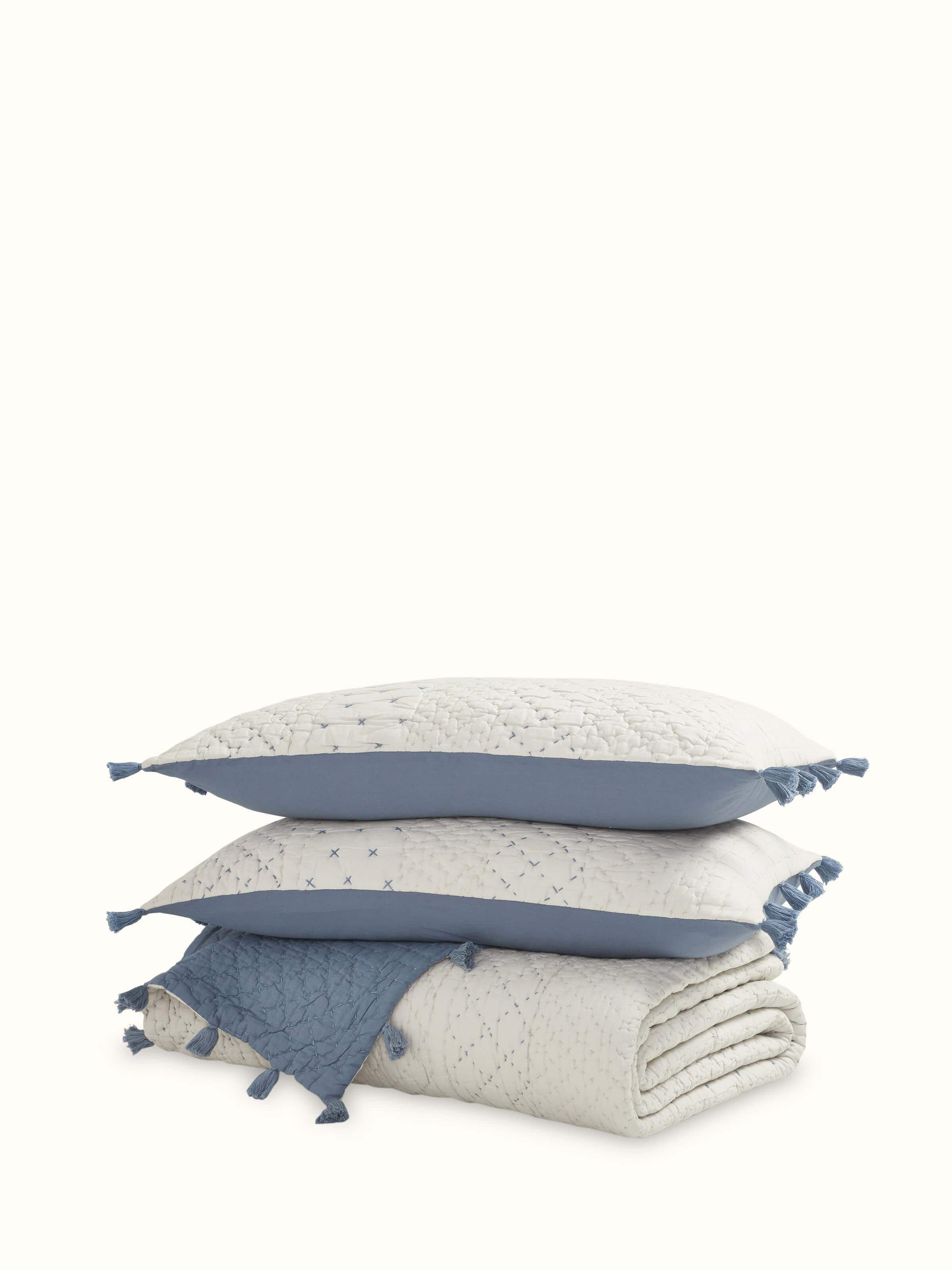Nitya Blue Textured Stripe Cotton Razai Embroidered Double Bedspread Set showcasing a textured stripe pattern and embroidery.