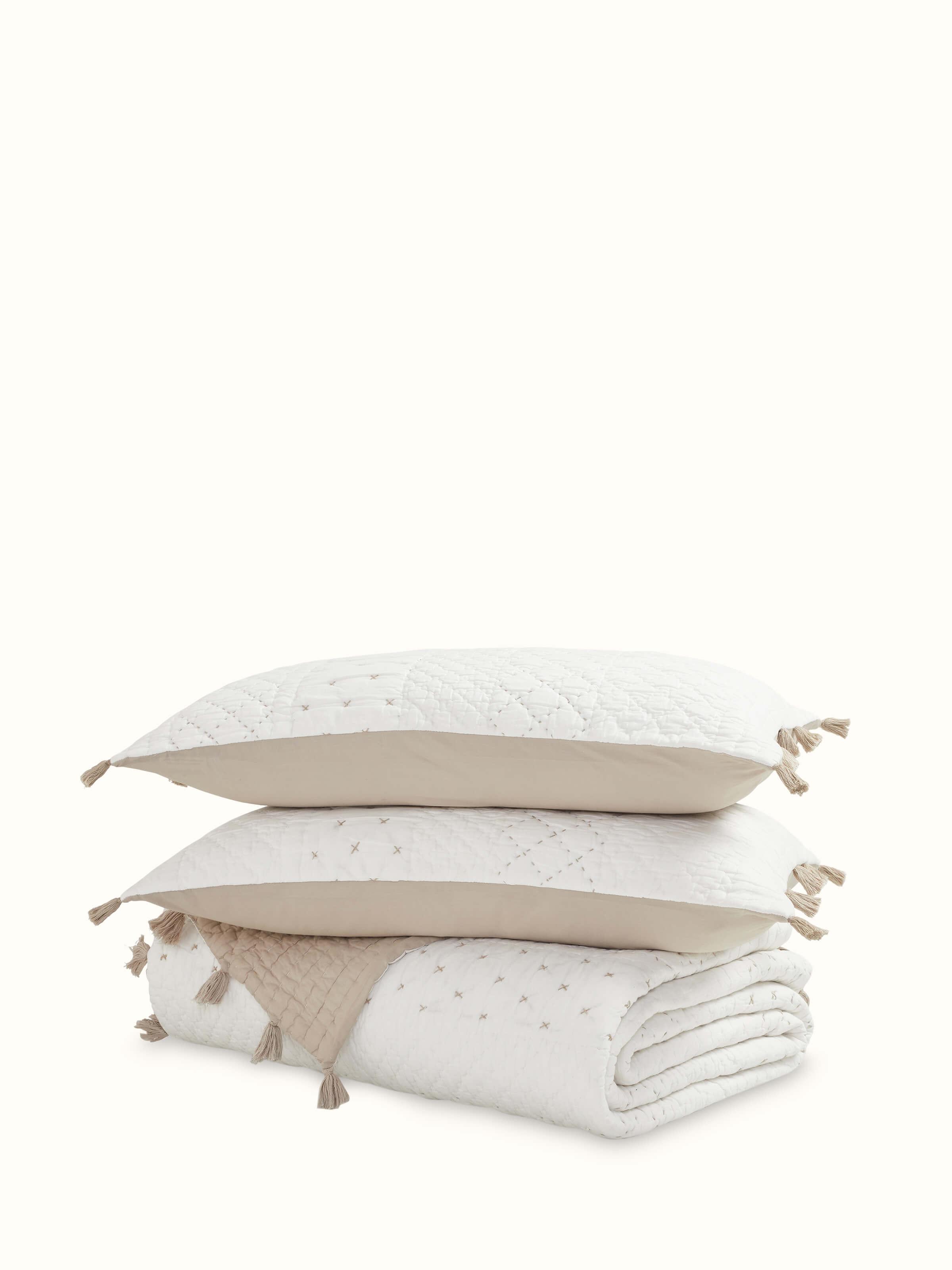 Full view of Nitya off-white textured stripe cotton razai embroidered double bedspread set displaying the complete set including bedspread and pillow covers