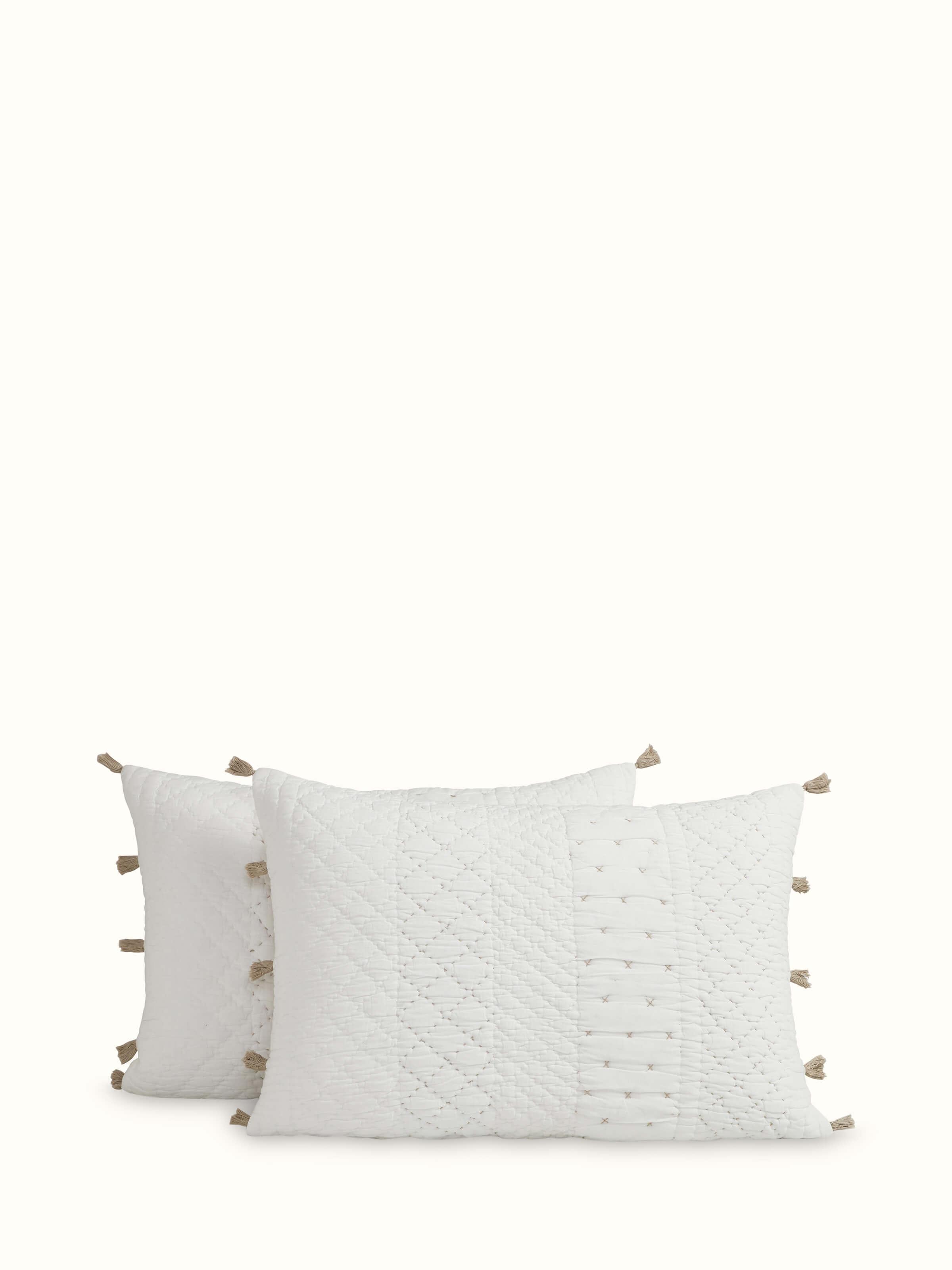 Detailed view of Nitya off-white textured stripe cotton razai embroidered double bedspread set highlighting the texture and embroidery work