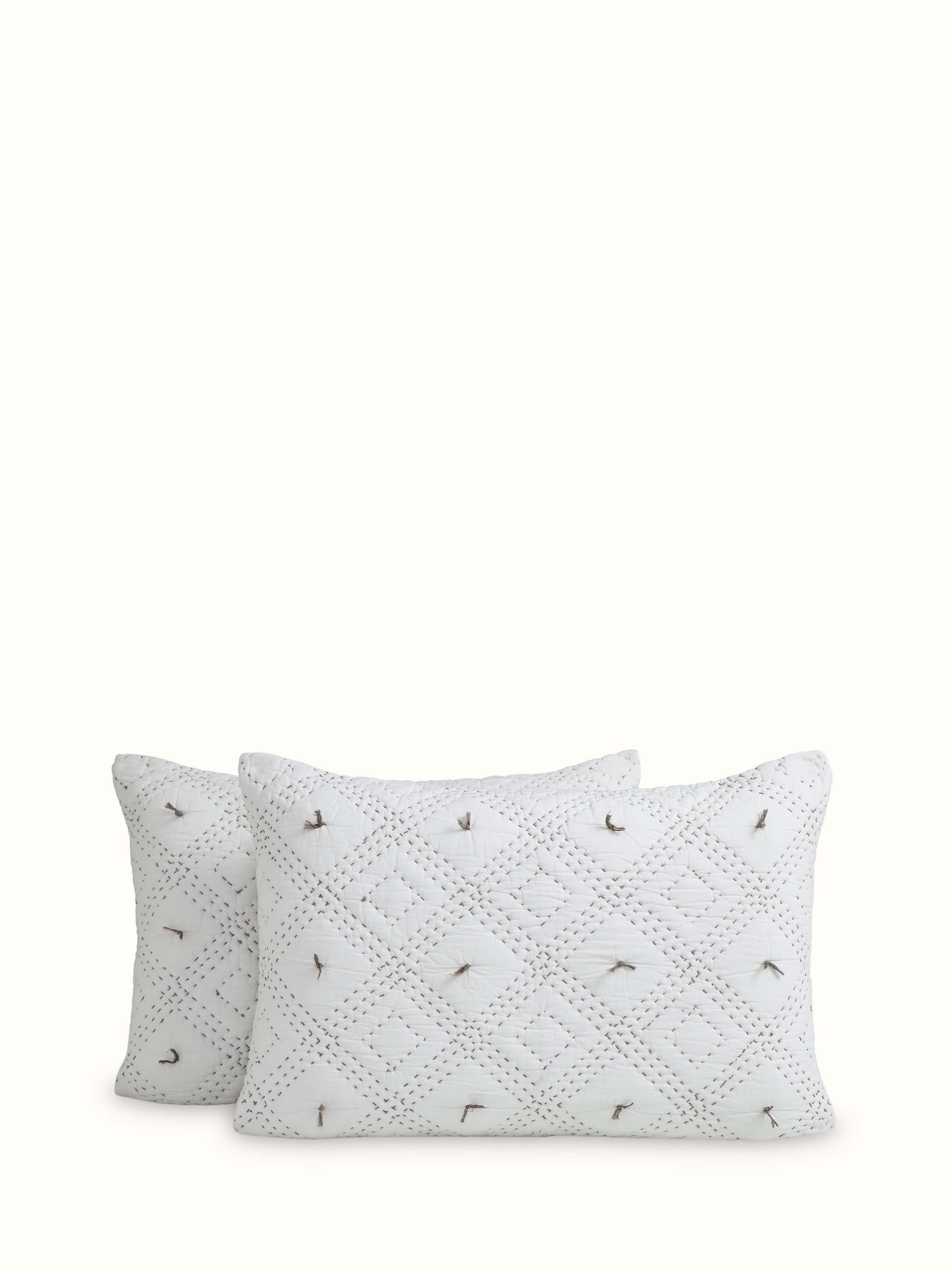 Detailed view of Nihar Beige Diamond Geo Cotton Razai Embroidered Double Bedspread Set (3 pcs), focusing on the texture and embroidery.