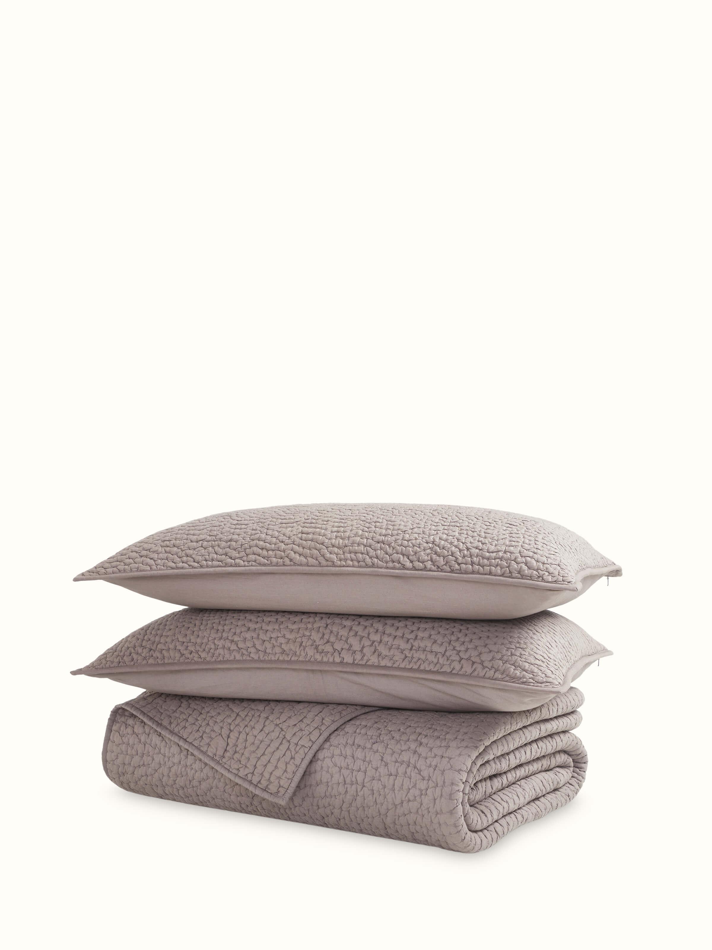 Front view of Nityam grey textured cotton razai embroidered double bedspread set (3 pcs) with detailed embroidery design