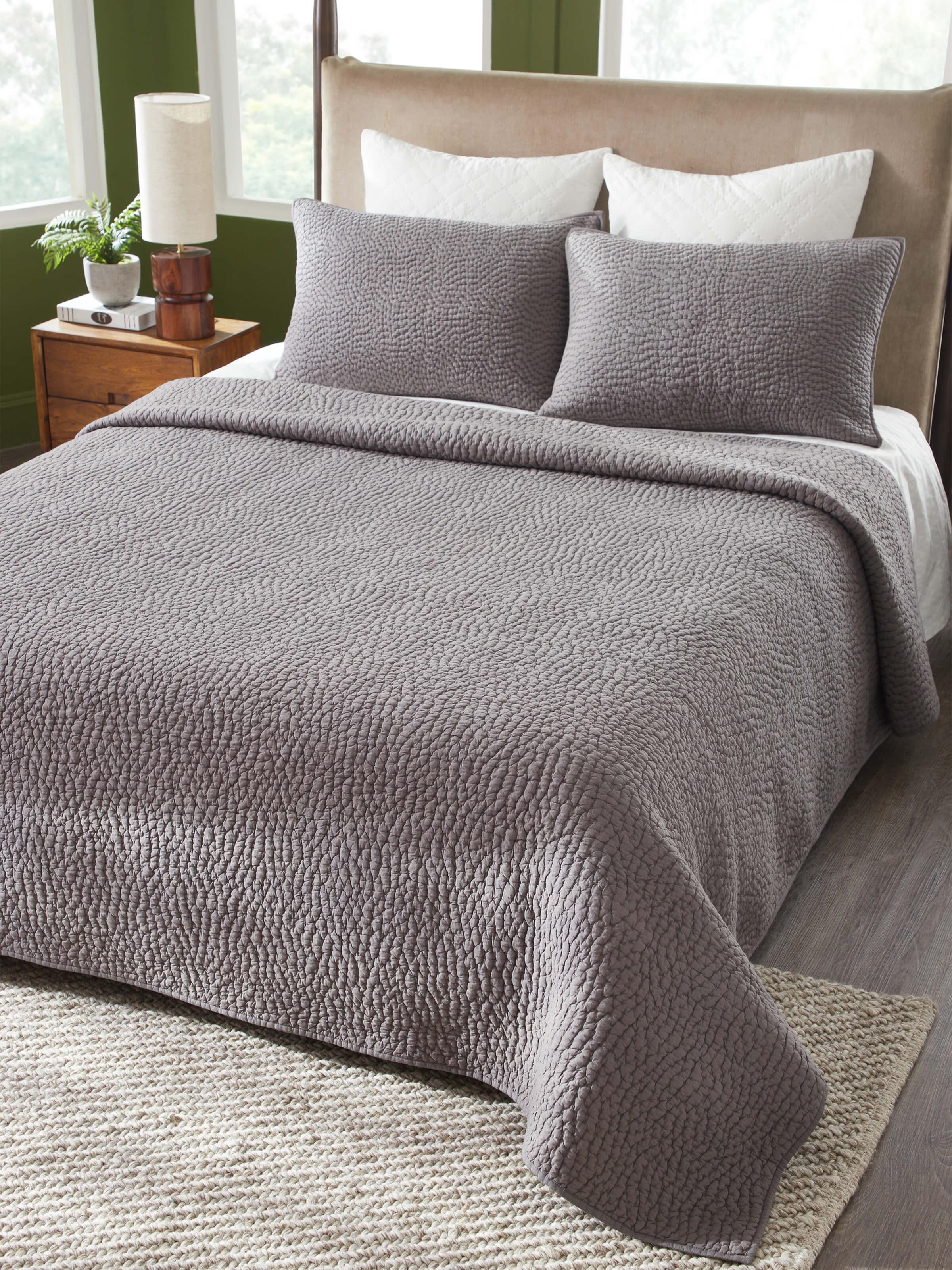 Close-up of Nityam grey textured cotton razai double bedspread set (3 pcs) featuring intricate embroidery