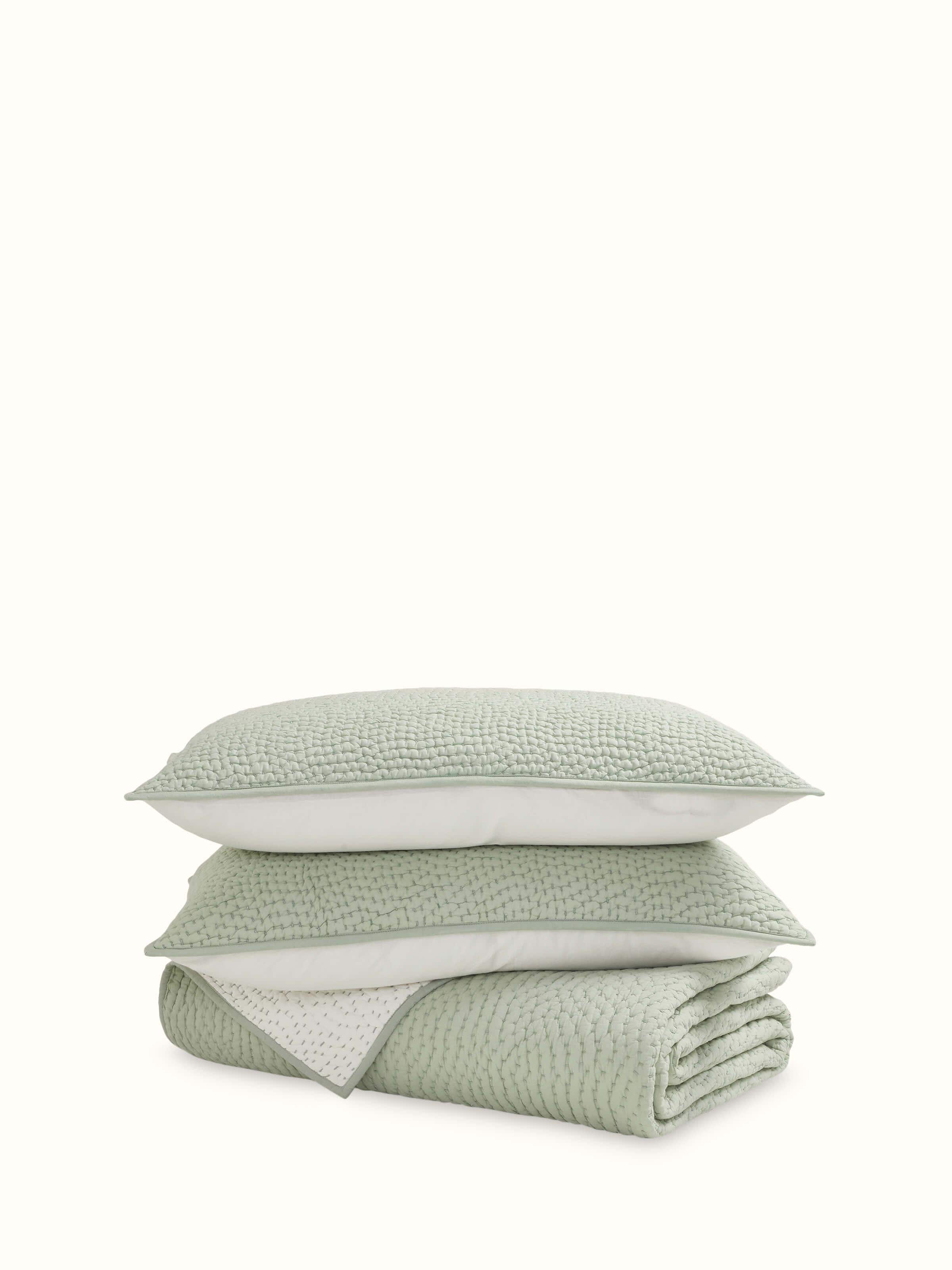 Front view of Nityam Light Green Two-Tone Textured Cotton Razai Embroidered Double Bedspread Set, showcasing the embroidered design and light green color.