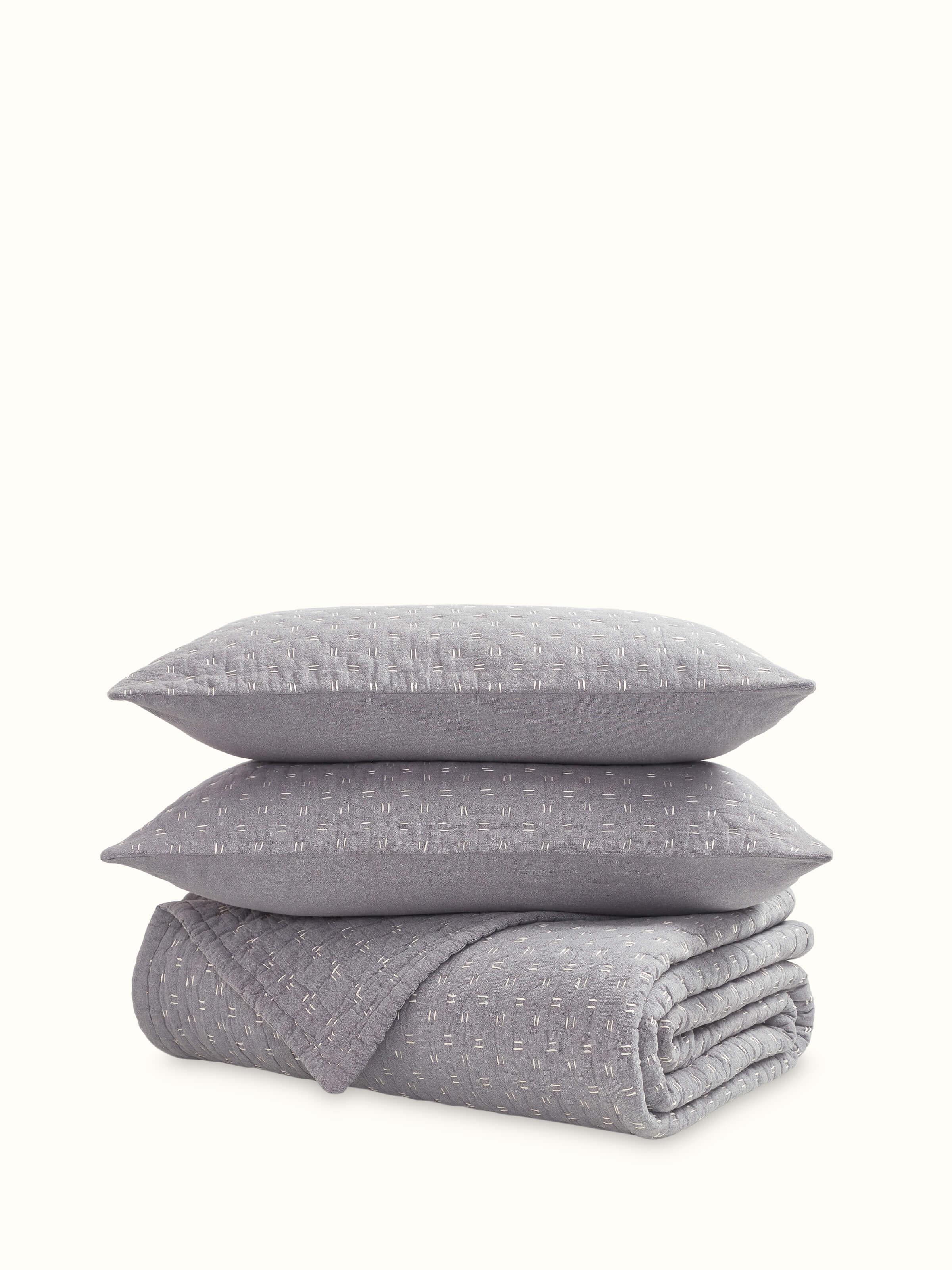 Full view of Vaayu Grey Chambray Textured Cotton Razai Embroidered Double Bedspread Set (3 pcs), showing the entire set with embroidery.