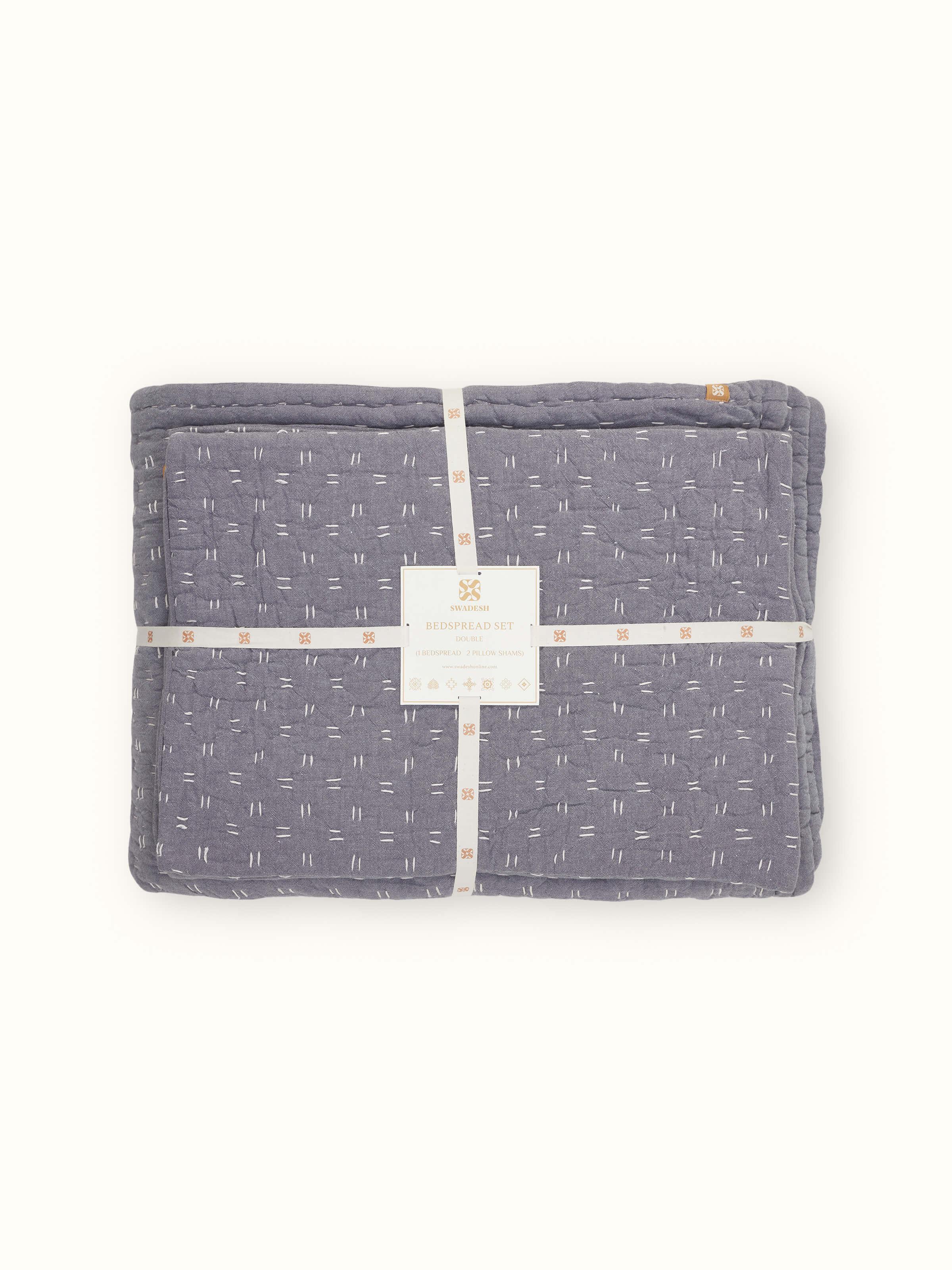 Full view of Vaayu Grey Chambray Textured Cotton Razai Embroidered Double Bedspread Set (3 pcs), emphasizing the complete set and design.