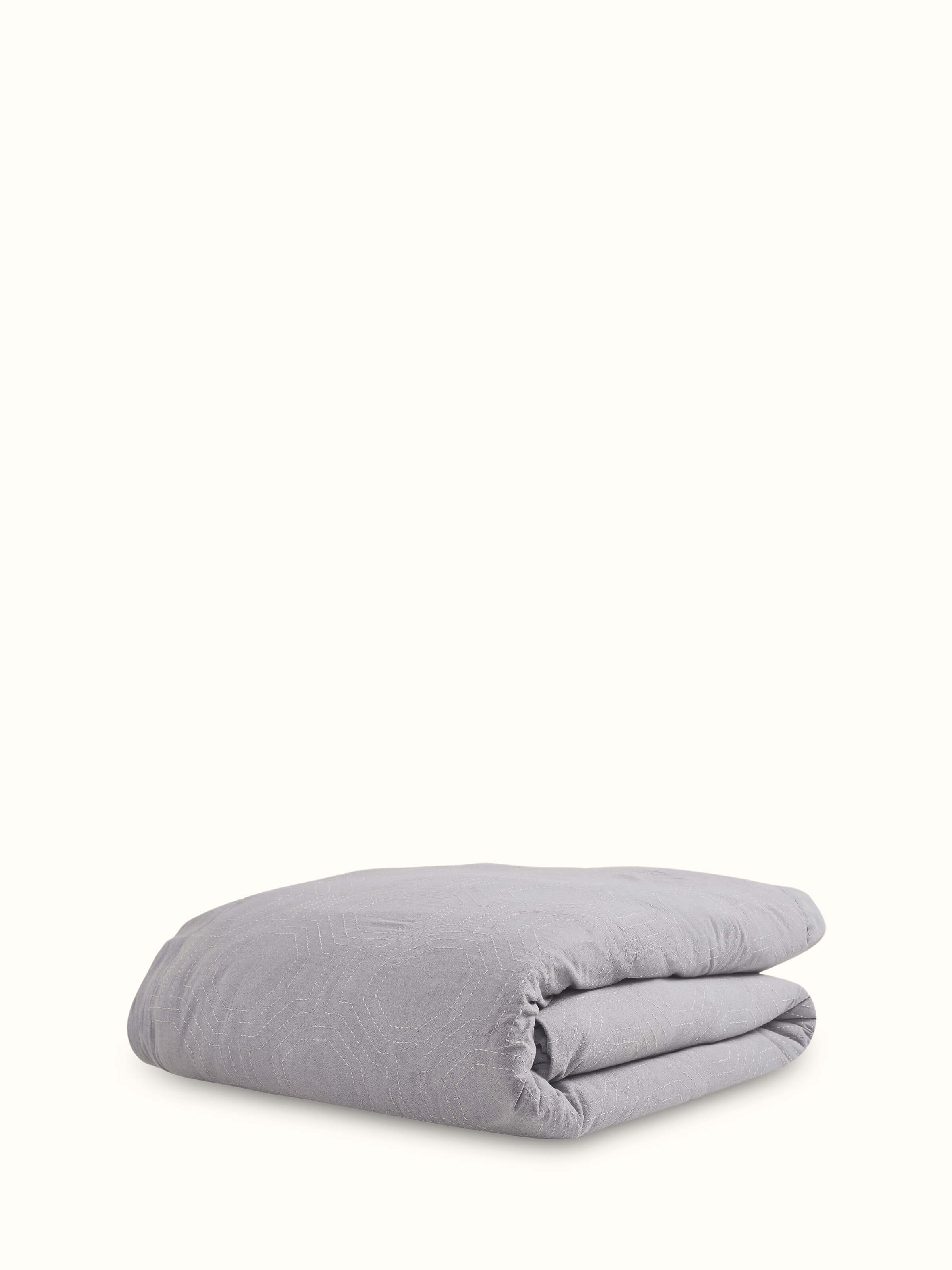 Close-up of Kahani grey geometric cotton kantha embroidered queen duvet cover highlighting embroidery work