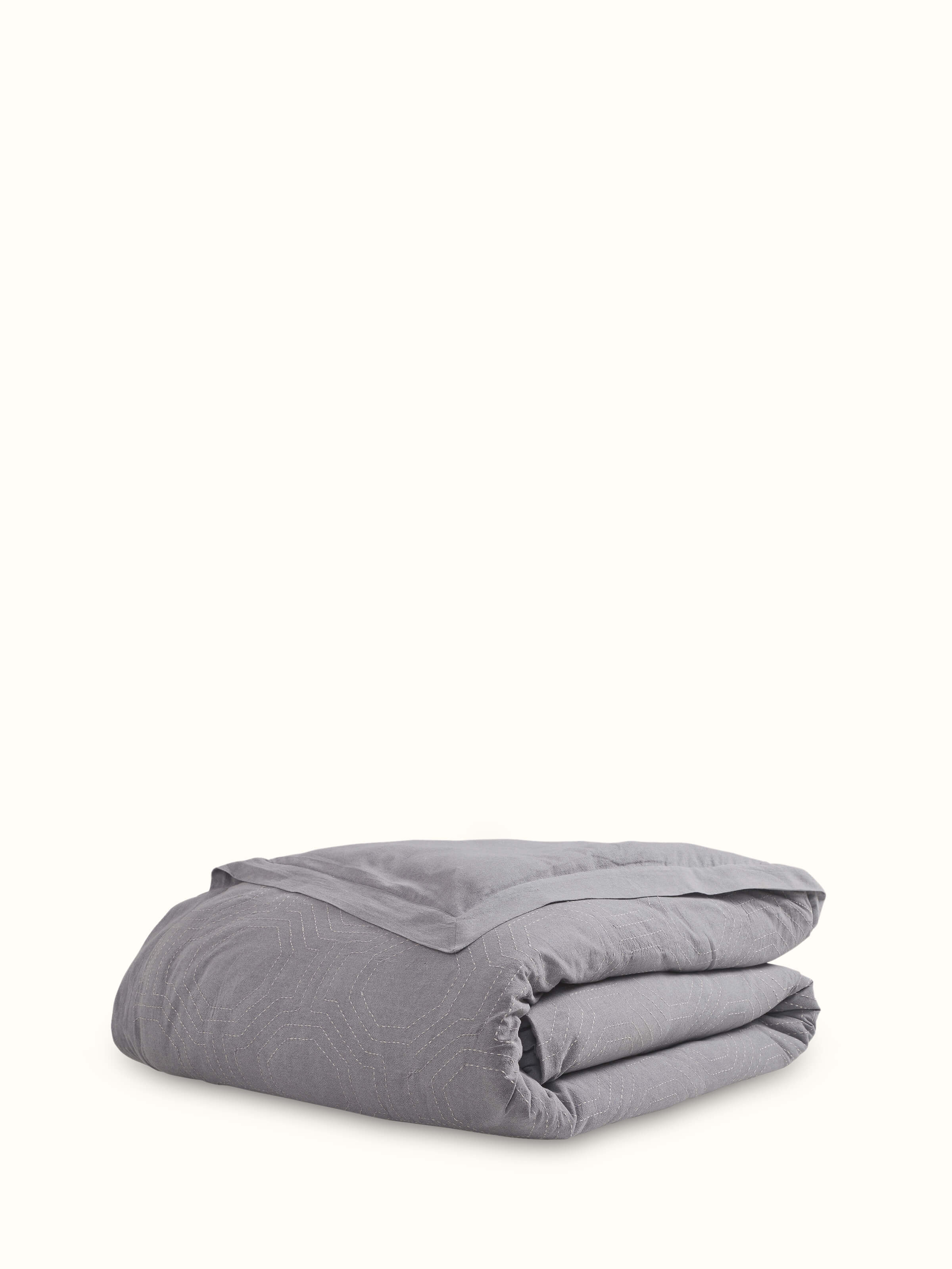 Front view of Kahani grey geometric cotton kantha embroidered queen duvet cover displaying intricate patterns