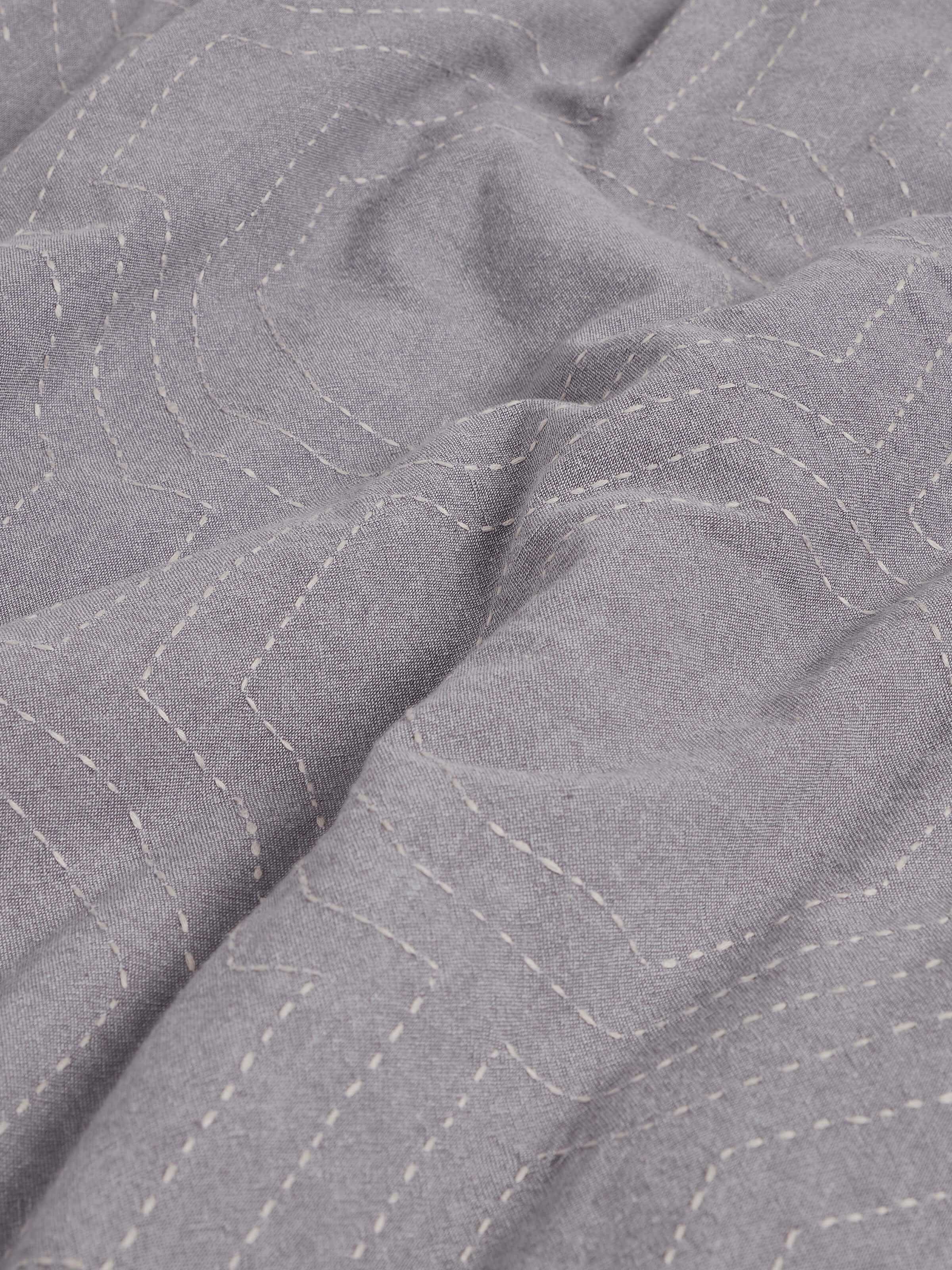 Side view of Kahani grey geometric cotton kantha embroidered queen duvet cover emphasizing texture and fabric