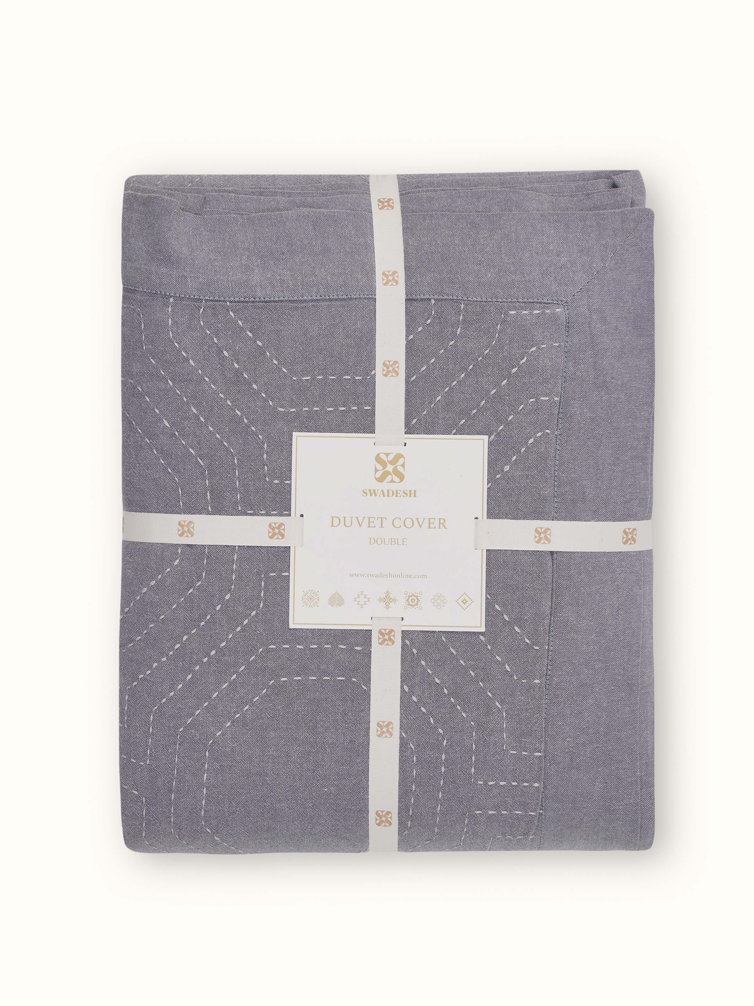 Back view of Kahani grey geometric cotton kantha embroidered queen duvet cover showing stitching details