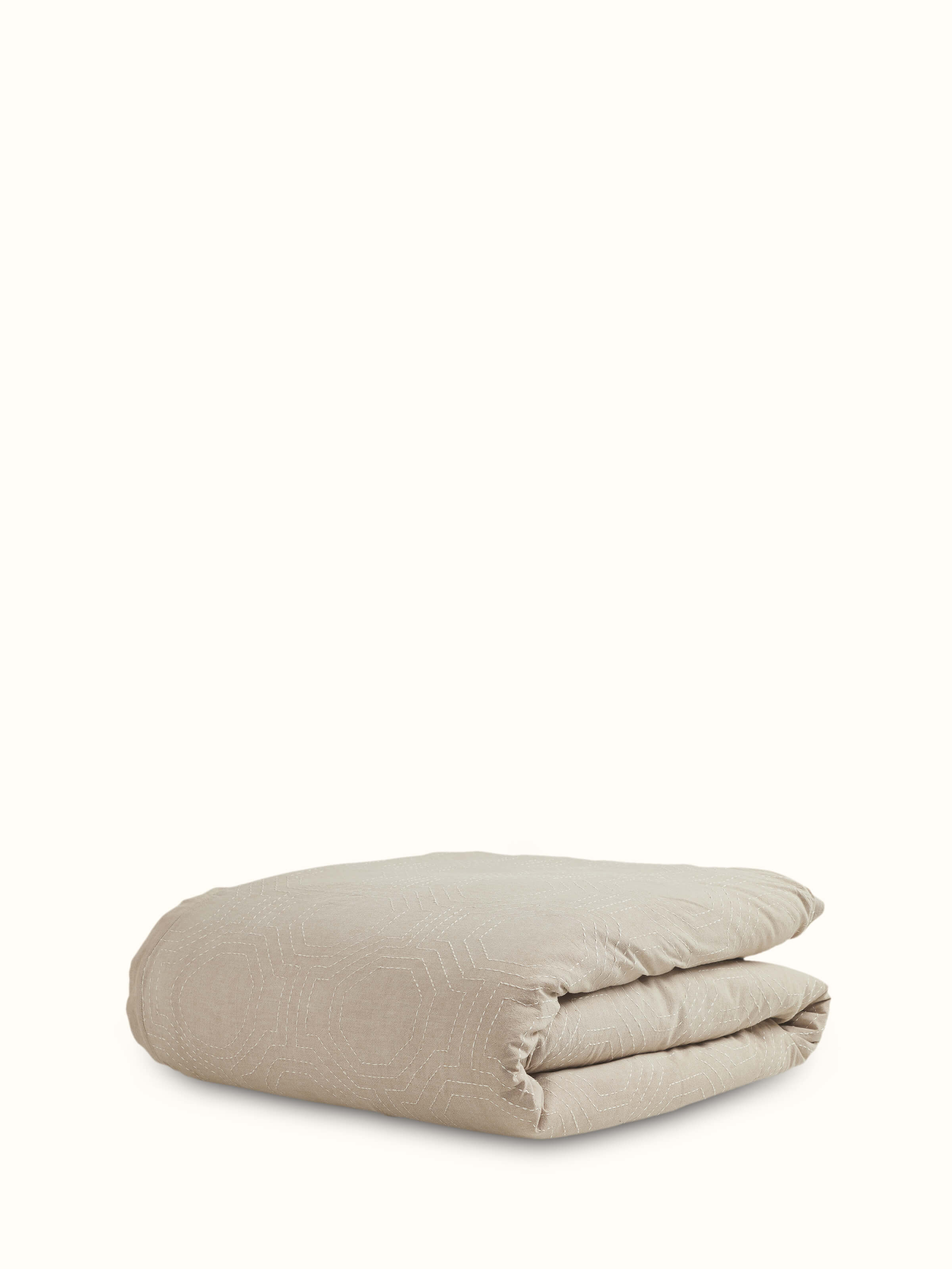 Full view of Kahani brown geometric cotton duvet cover with Kantha embroidery, showcasing the overall pattern and texture.