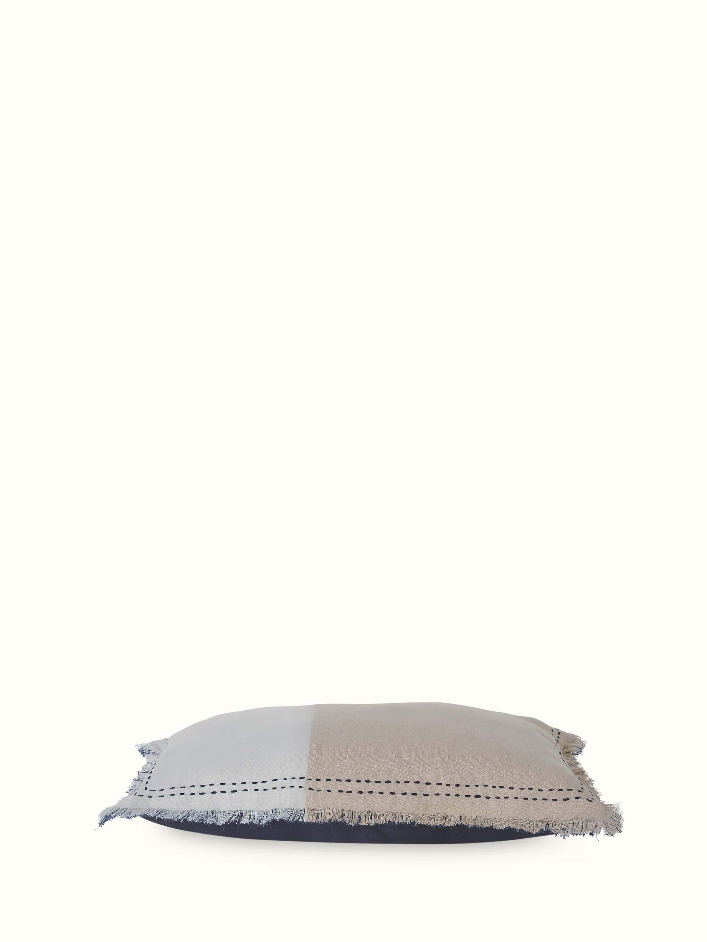 Close-up of Kahani beige two tone linen kantha hand embroidery cushion cover emphasizing the embroidery details