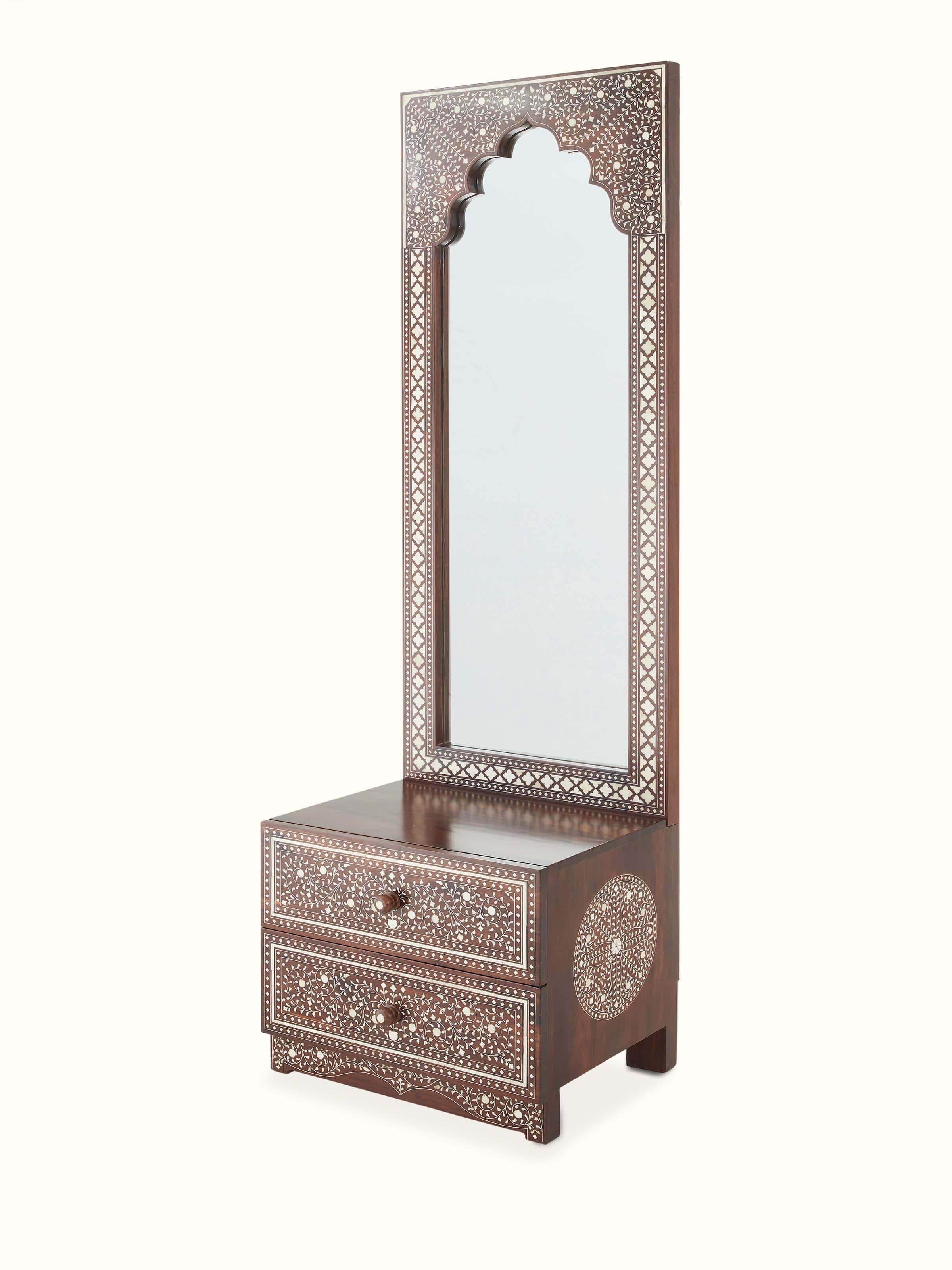 Front view of Sheesham wood & bone inlaid dressing table (2 drawers) showcasing intricate design