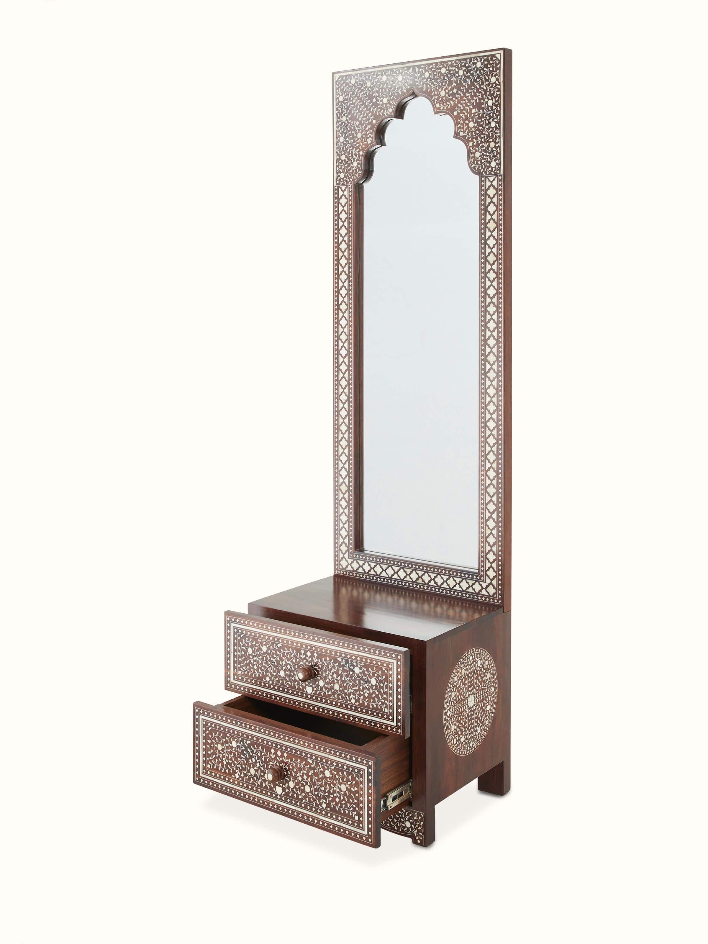 Angled view of Sheesham wood & bone inlaid dressing table (2 drawers) showing detailed inlay work