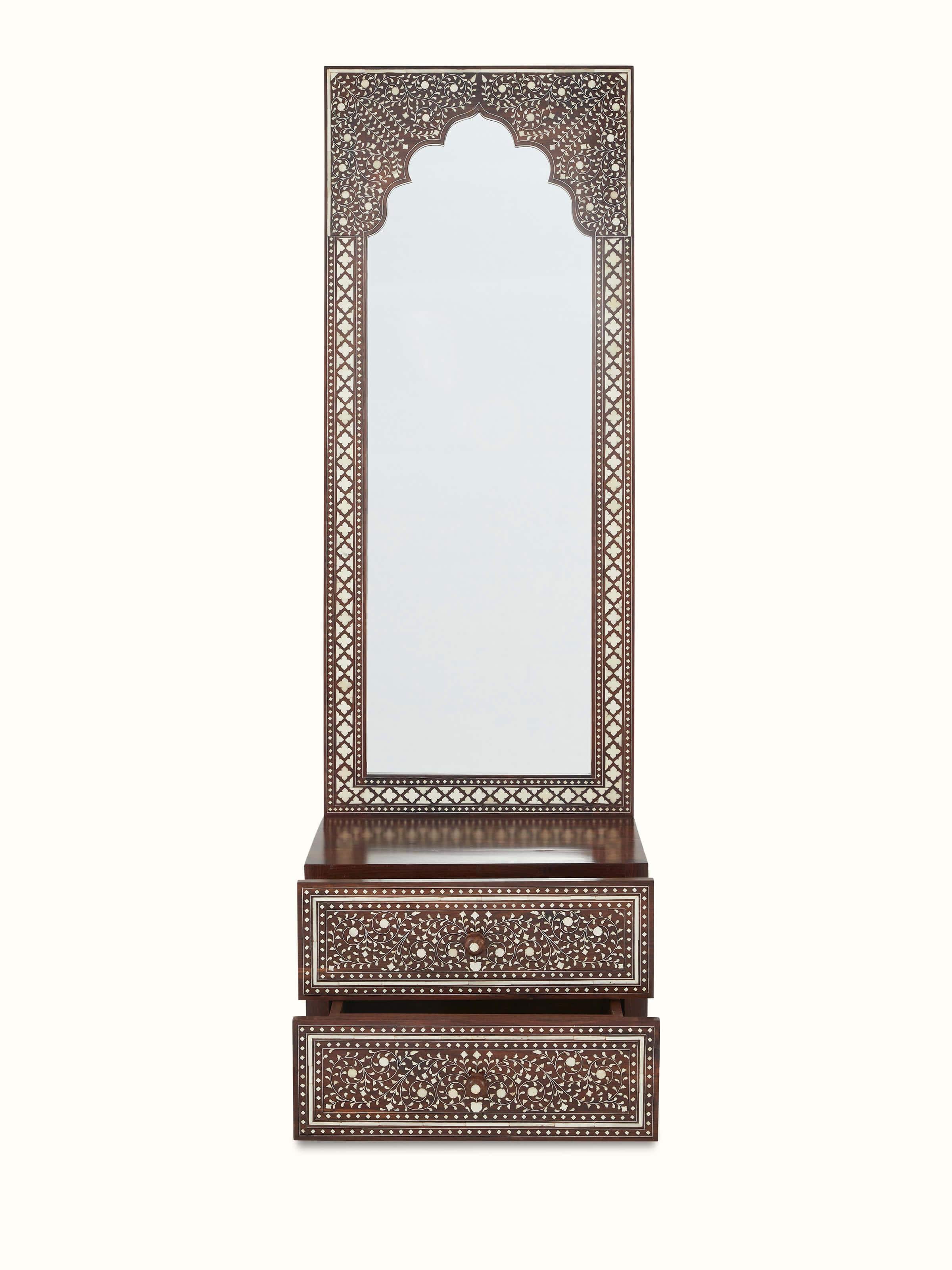 Open view of Sheesham wood & bone inlaid dressing table (2 drawers) with visible storage compartments