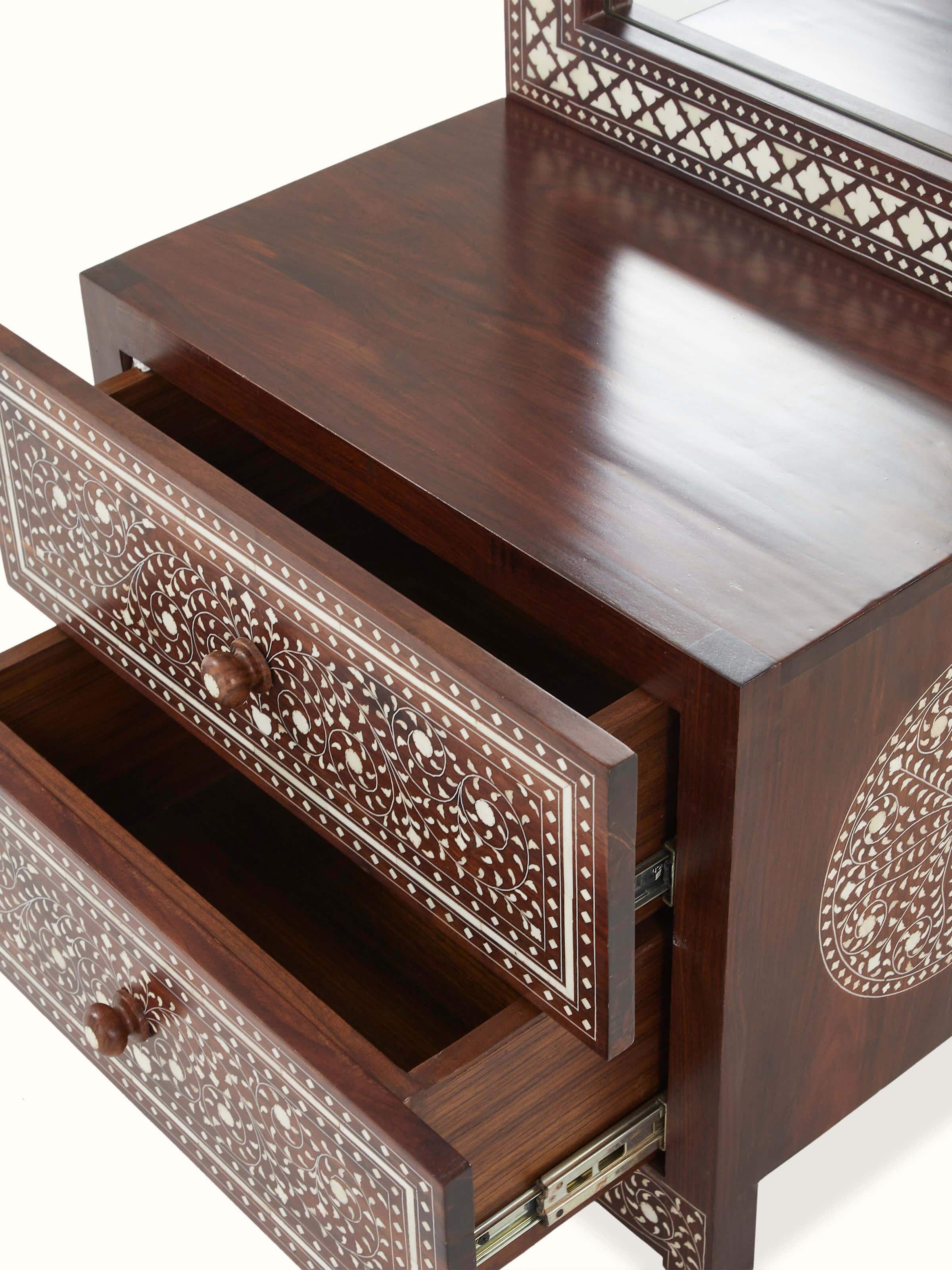 Close-up view of Sheesham wood & bone inlaid dressing table (2 drawers) highlighting intricate bone inlay